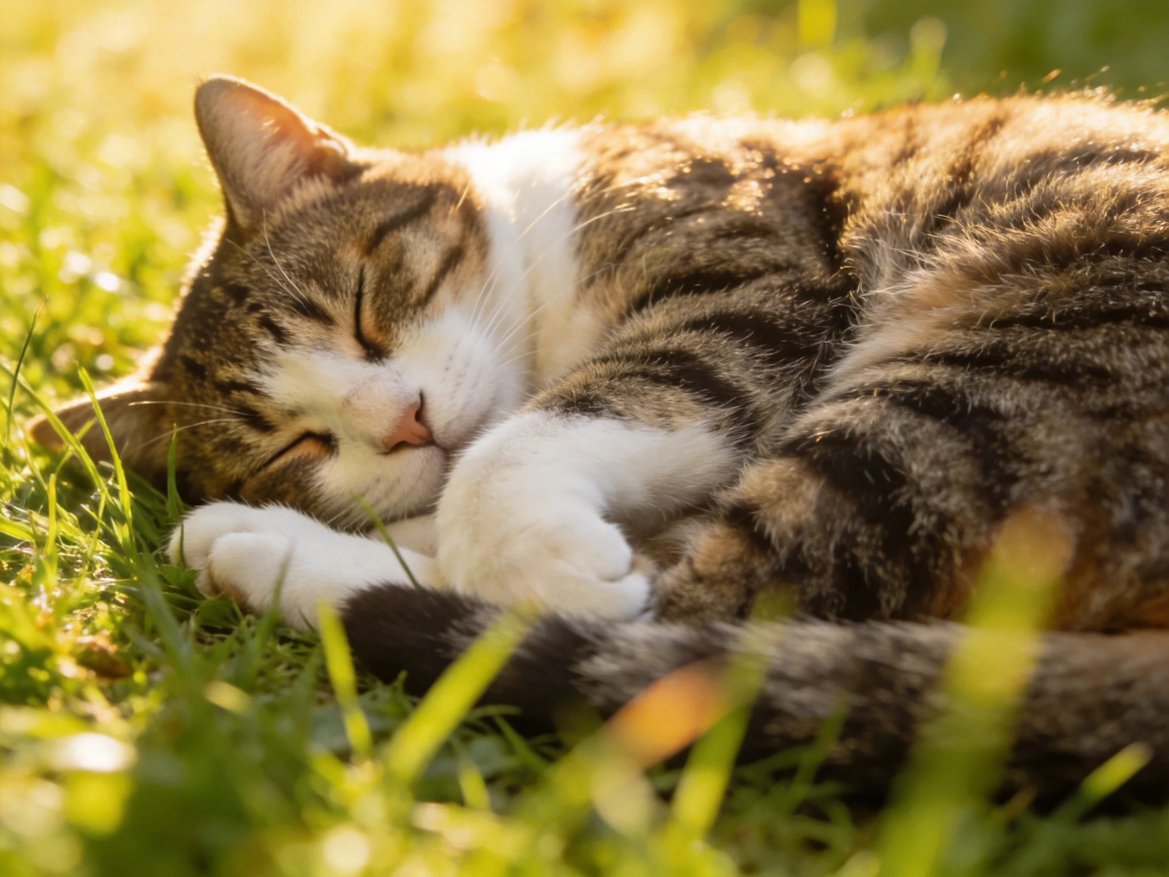 A tabby and white cat rests peacefully on sunlit grass.