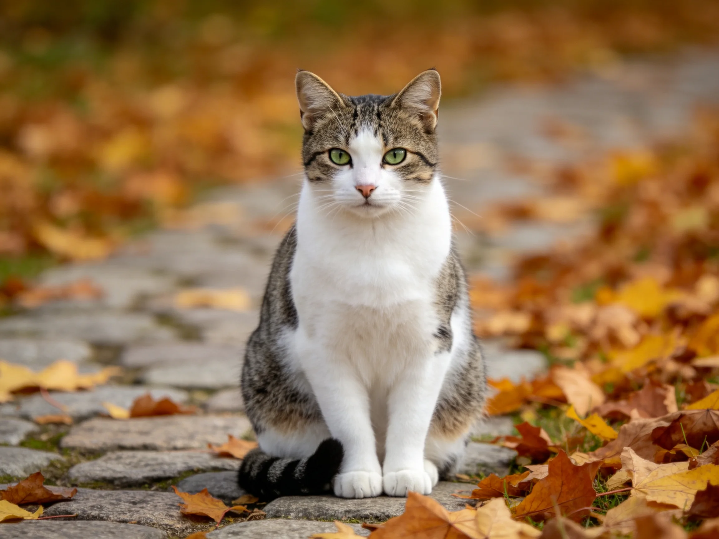 A tabby and white cat sits among autumn leaves on a stone path.