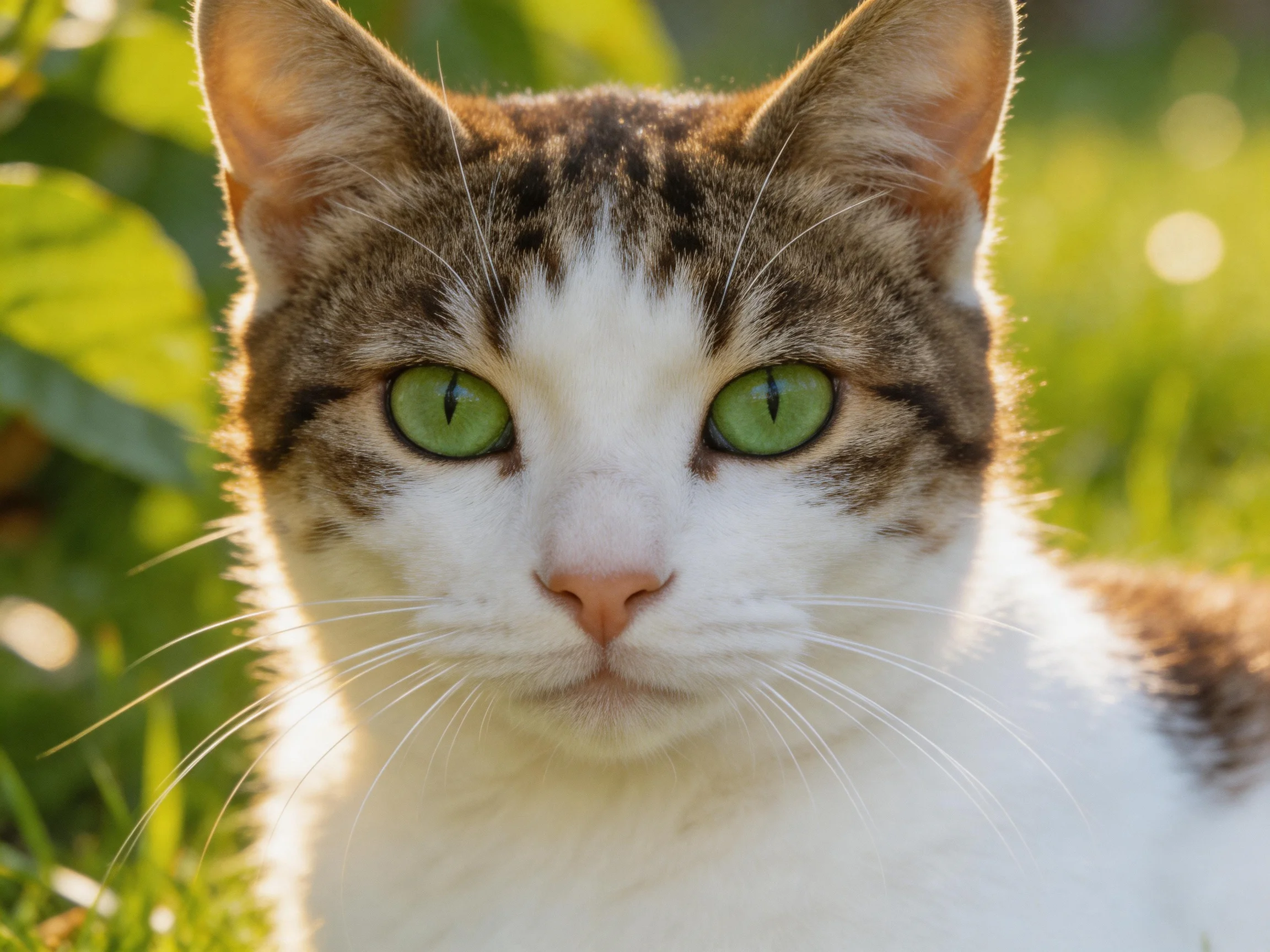 A tabby and white cat with bright green eyes is in a sunlit outdoor setting.