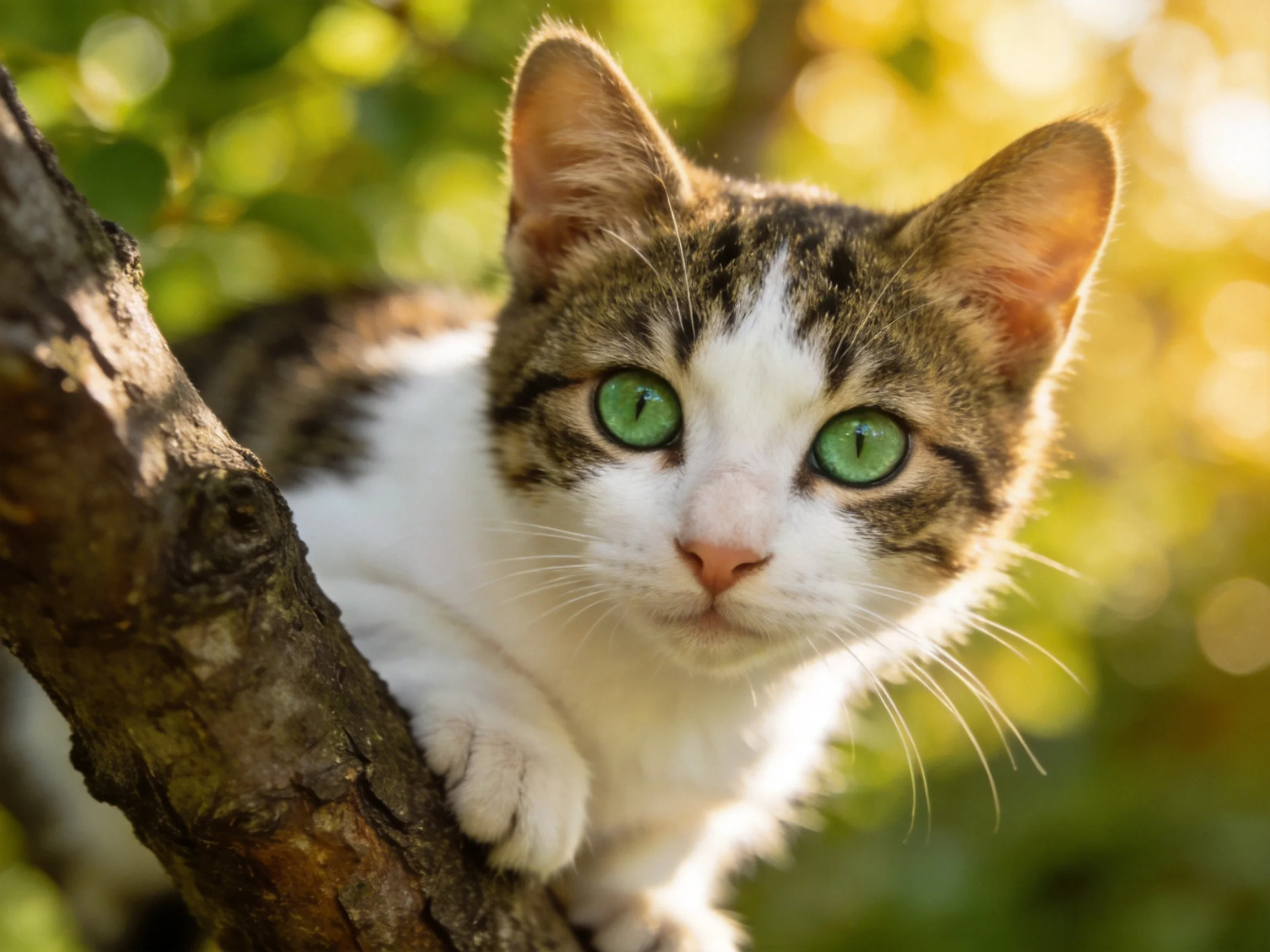 A cat with bright green eyes sits on a tree branch surrounded by greenery.