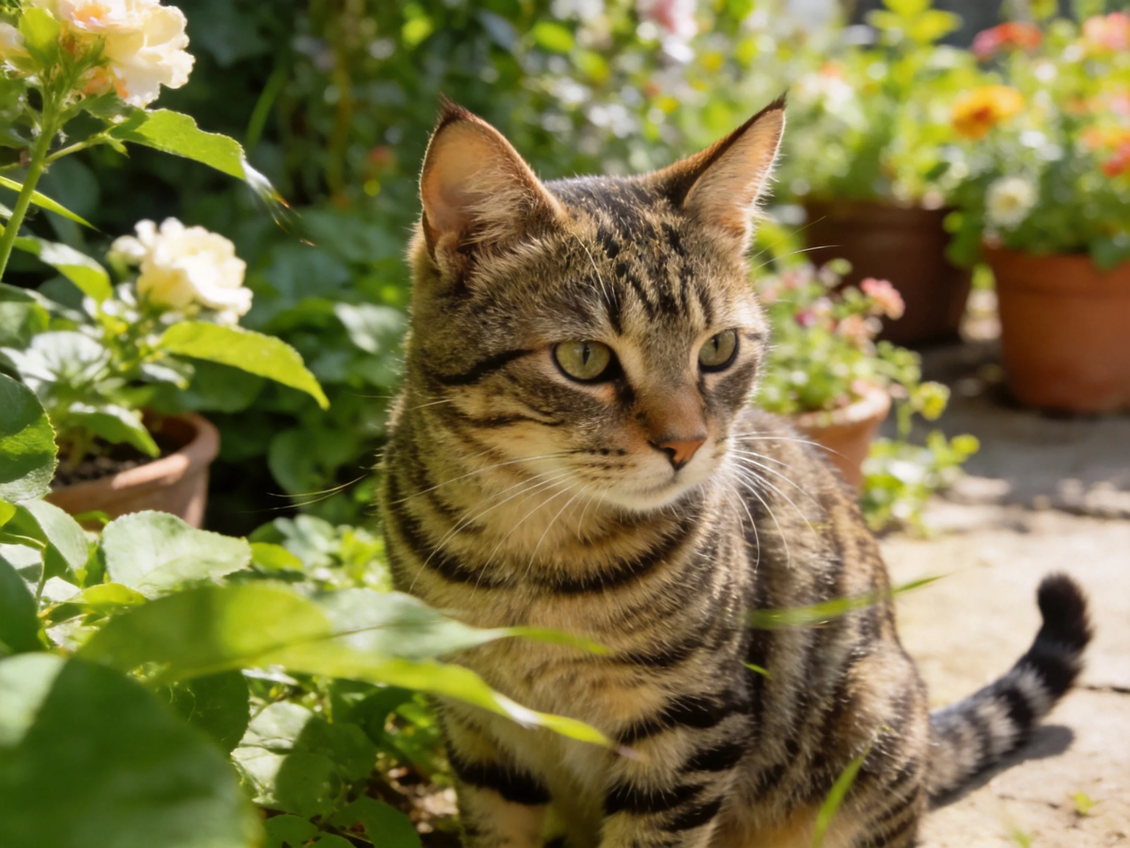 A tabby cat is near flowers and potted plants in a sunny garden.
