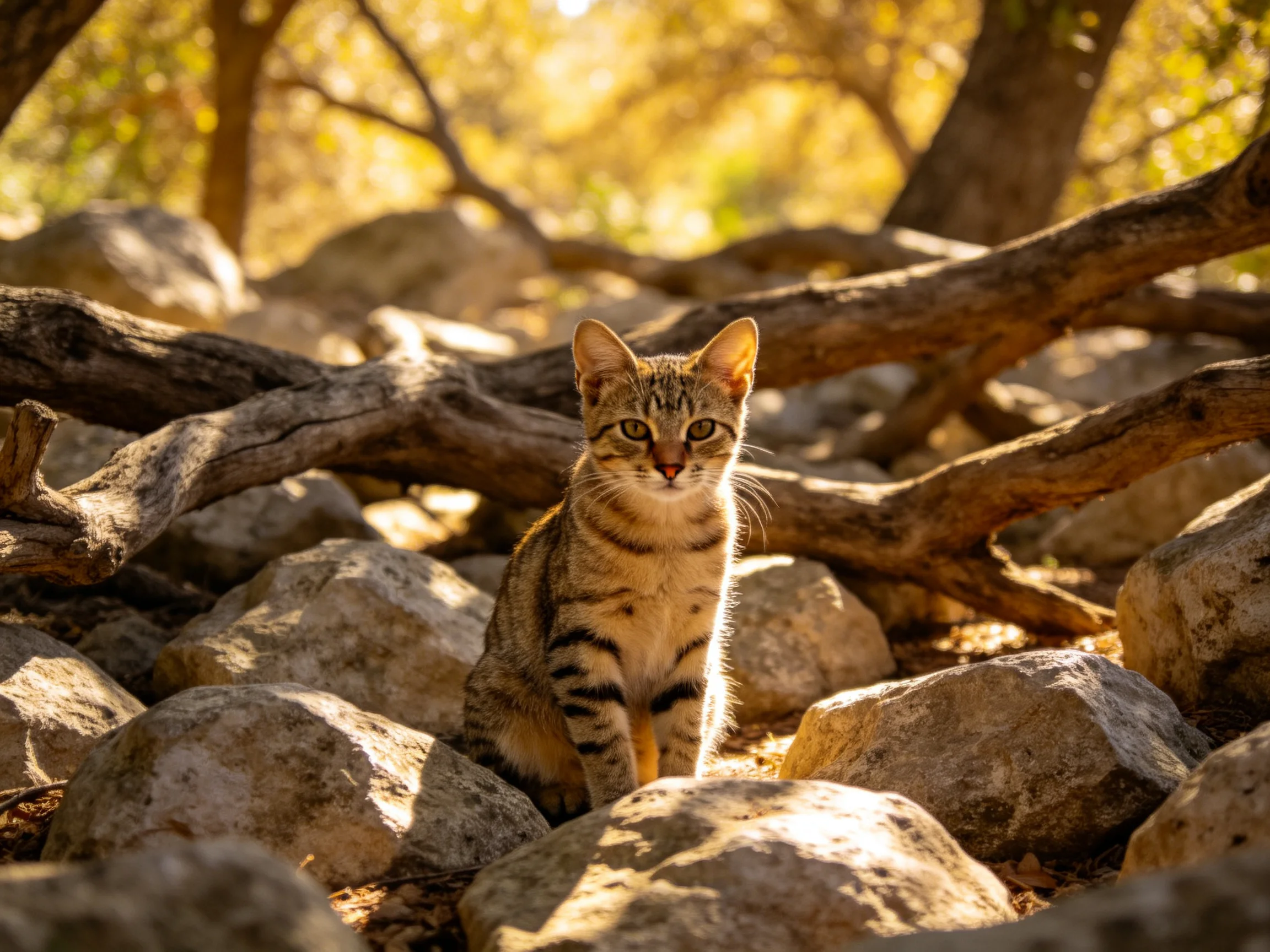 A tabby cat sits among rocks and branches in a sunlit natural setting.