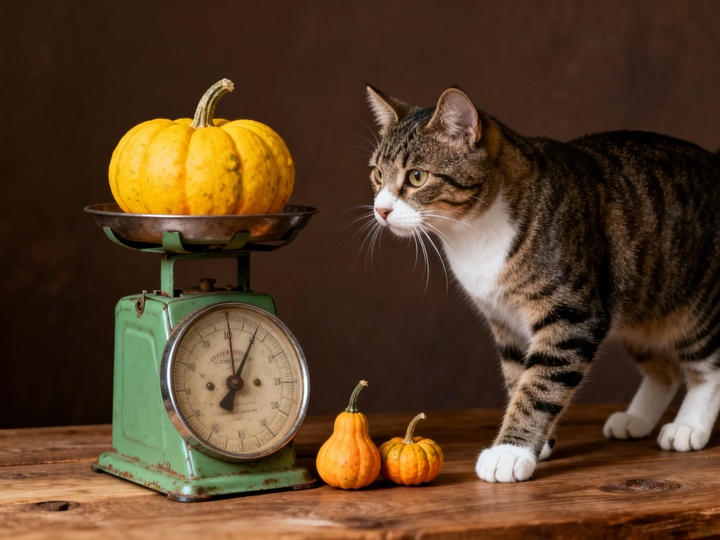 A tabby cat stands near a green scale with large and small orange gourds.