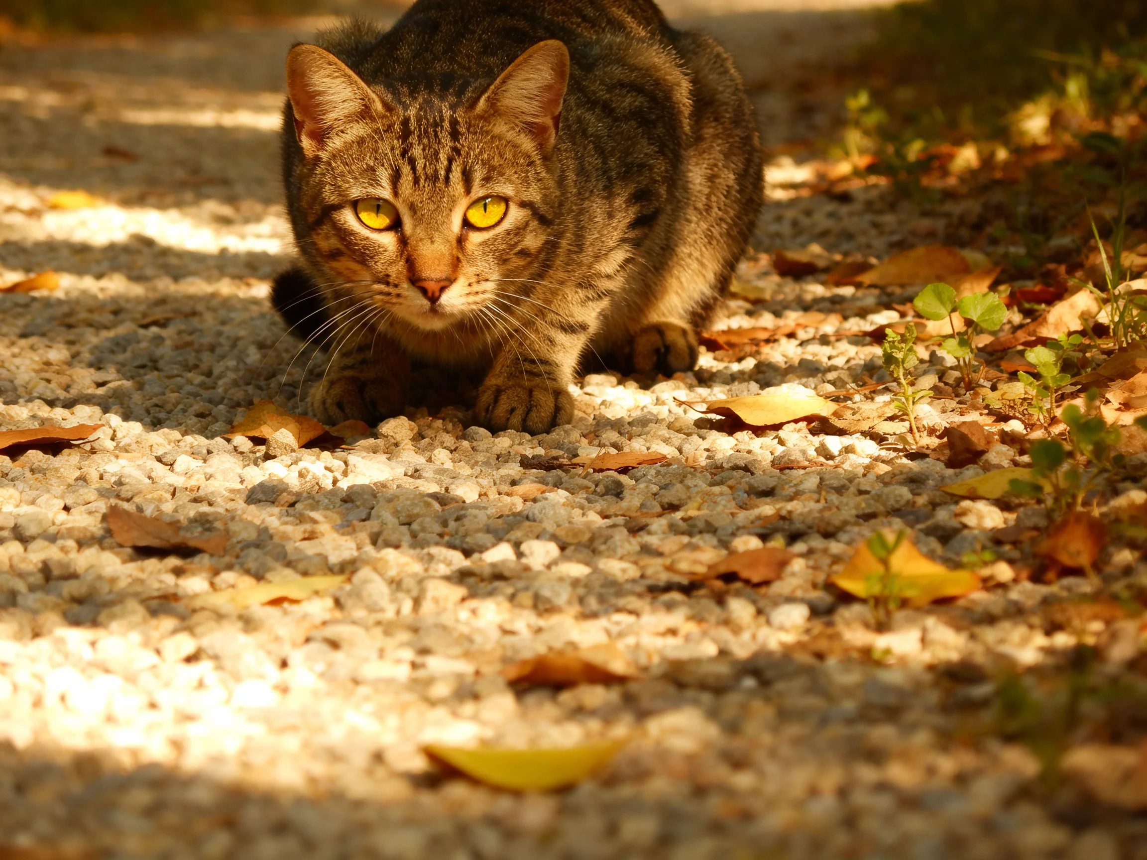 A tabby cat crouches on a gravel path amid fallen autumn leaves