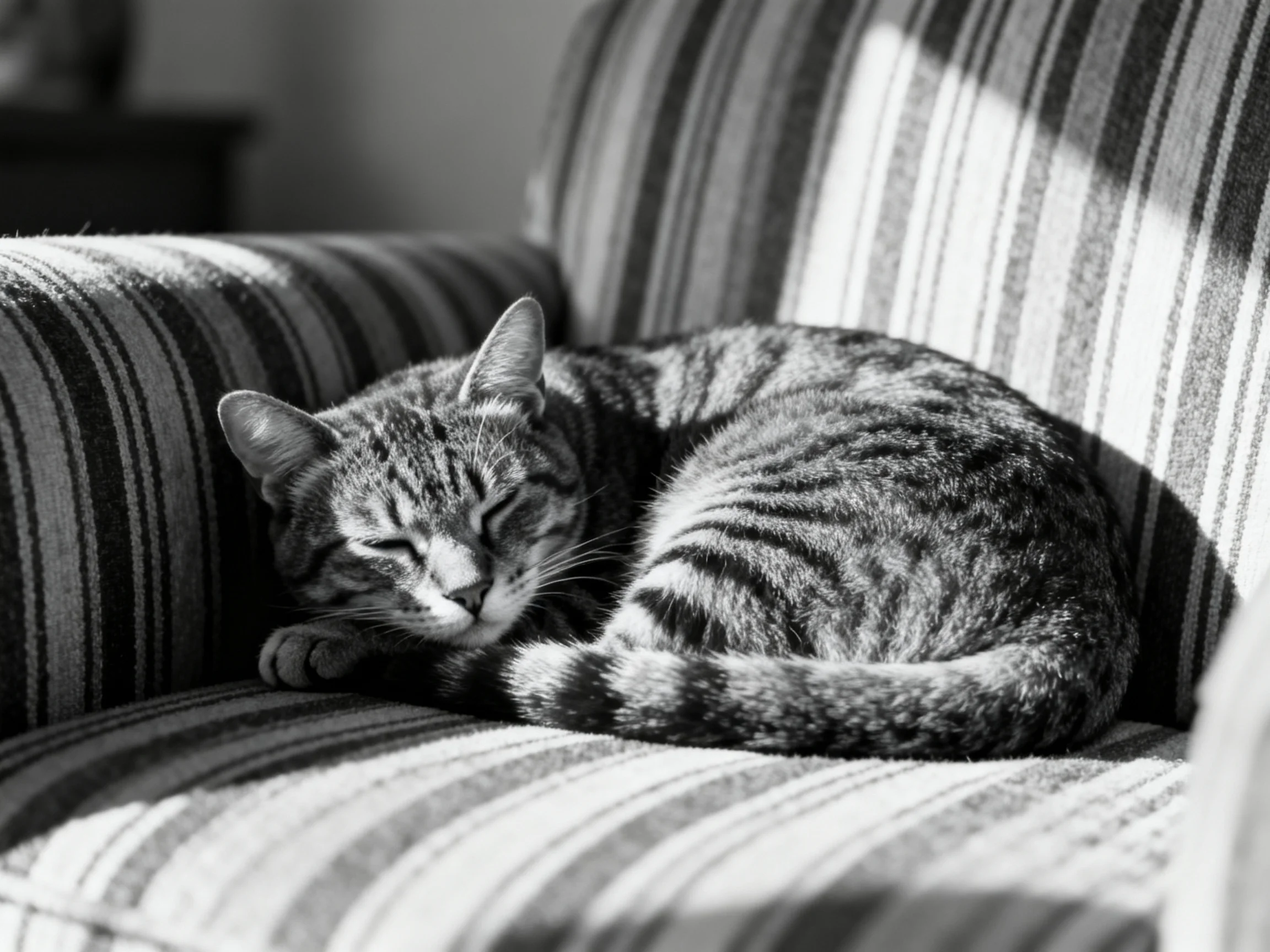 A tabby cat curled up on a striped armchair in soft light