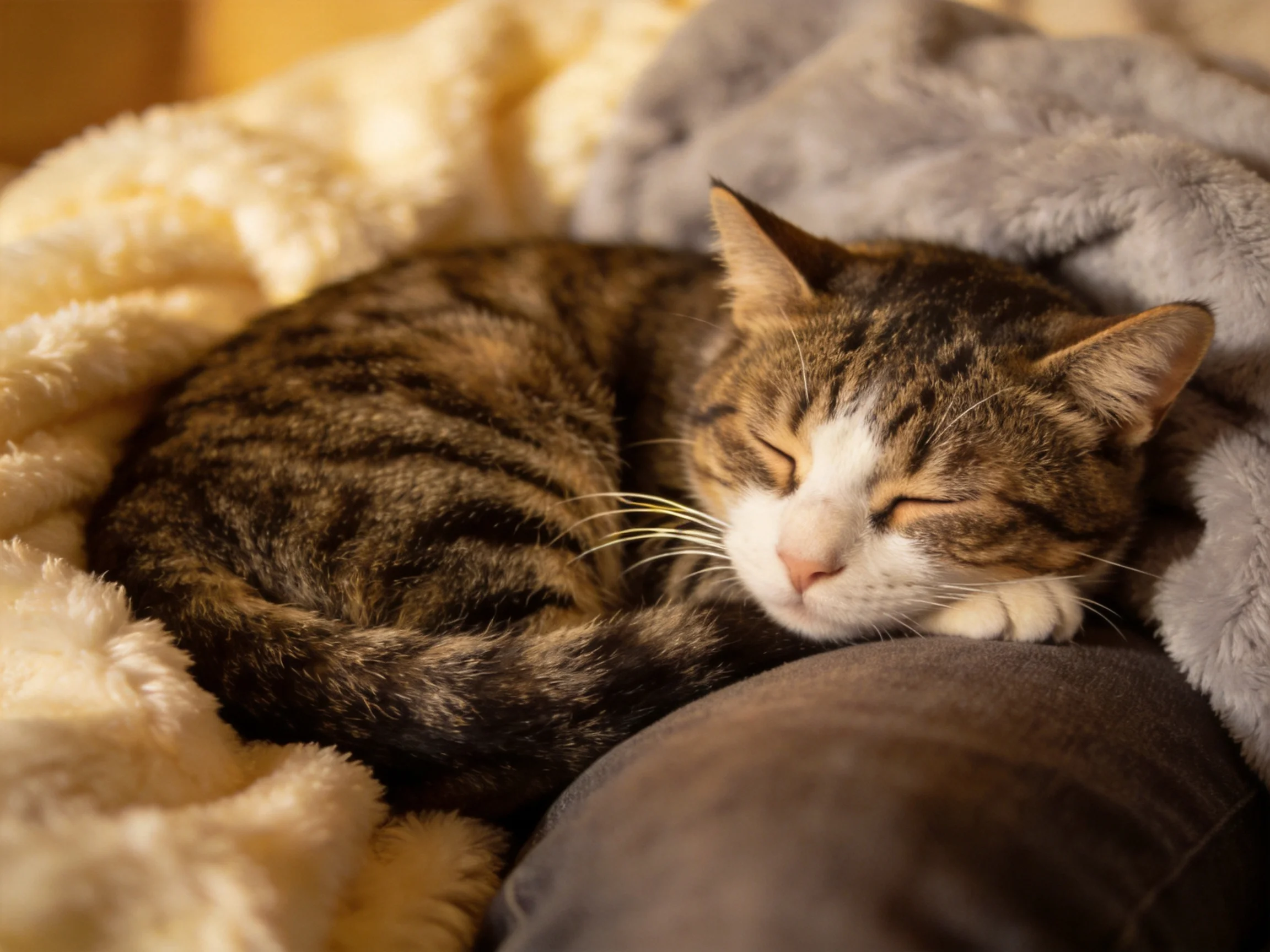 A tabby cat curled up on soft cream and gray blankets