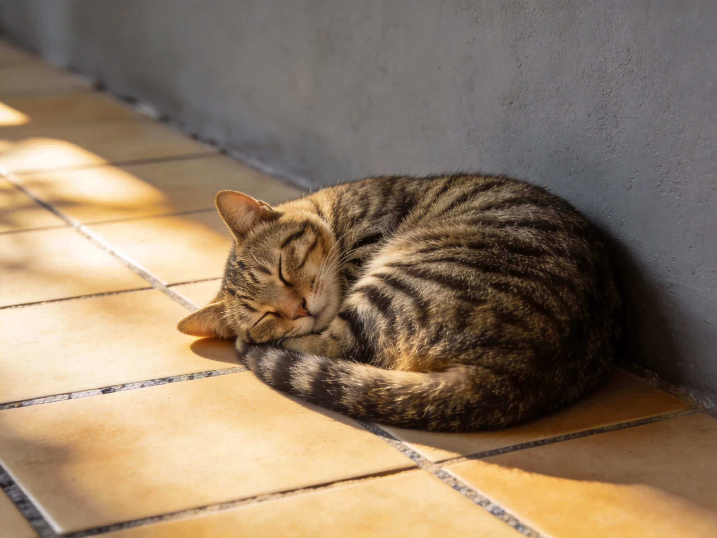 A tabby cat curled up sleeping against a gray wall on tiled flooring