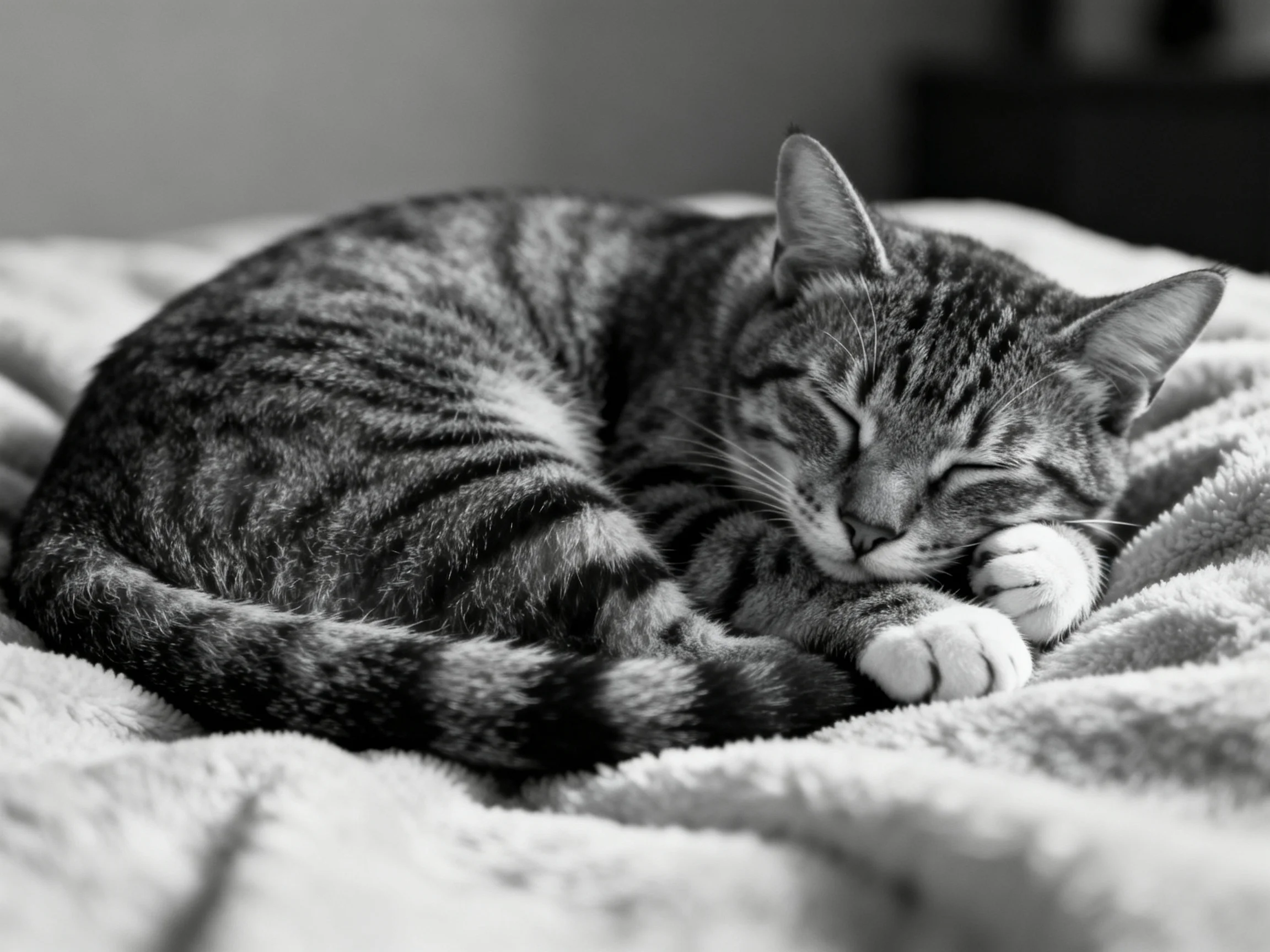 A tabby cat curled up sleeping on a soft blanket