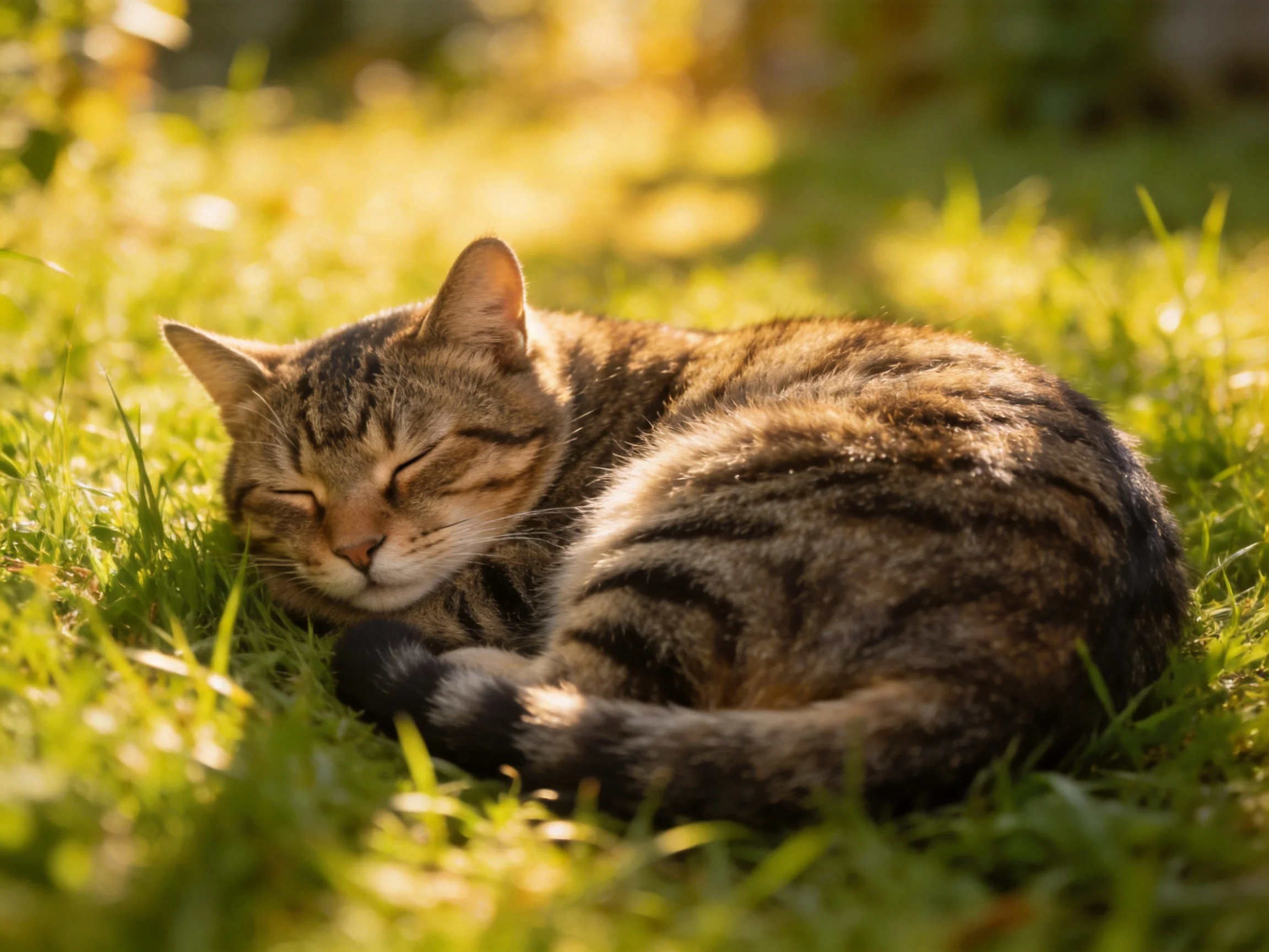 A tabby cat curls up asleep in sunlit green grass