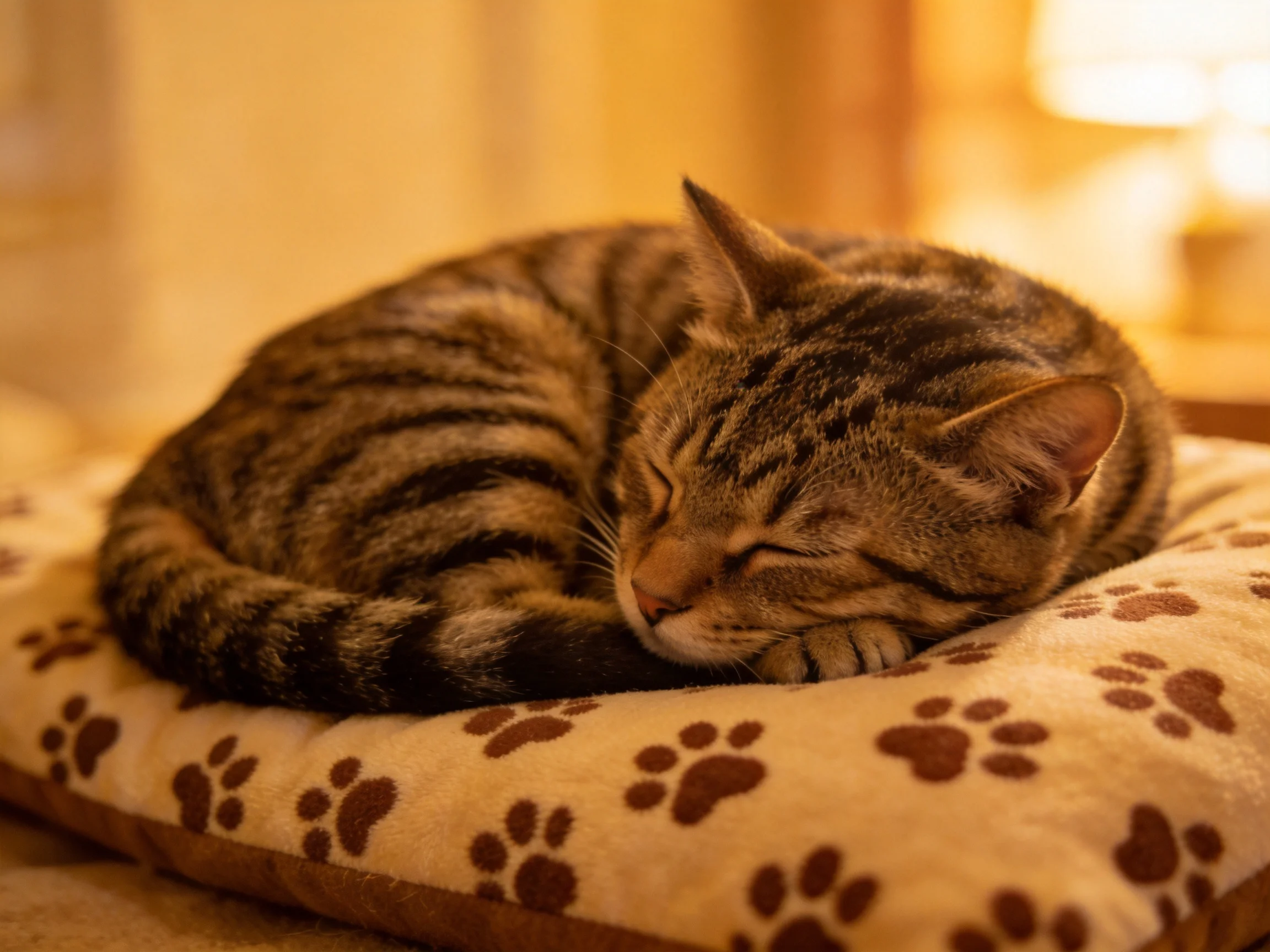 A tabby cat curls up asleep on a paw print-patterned cushion in warm lighting