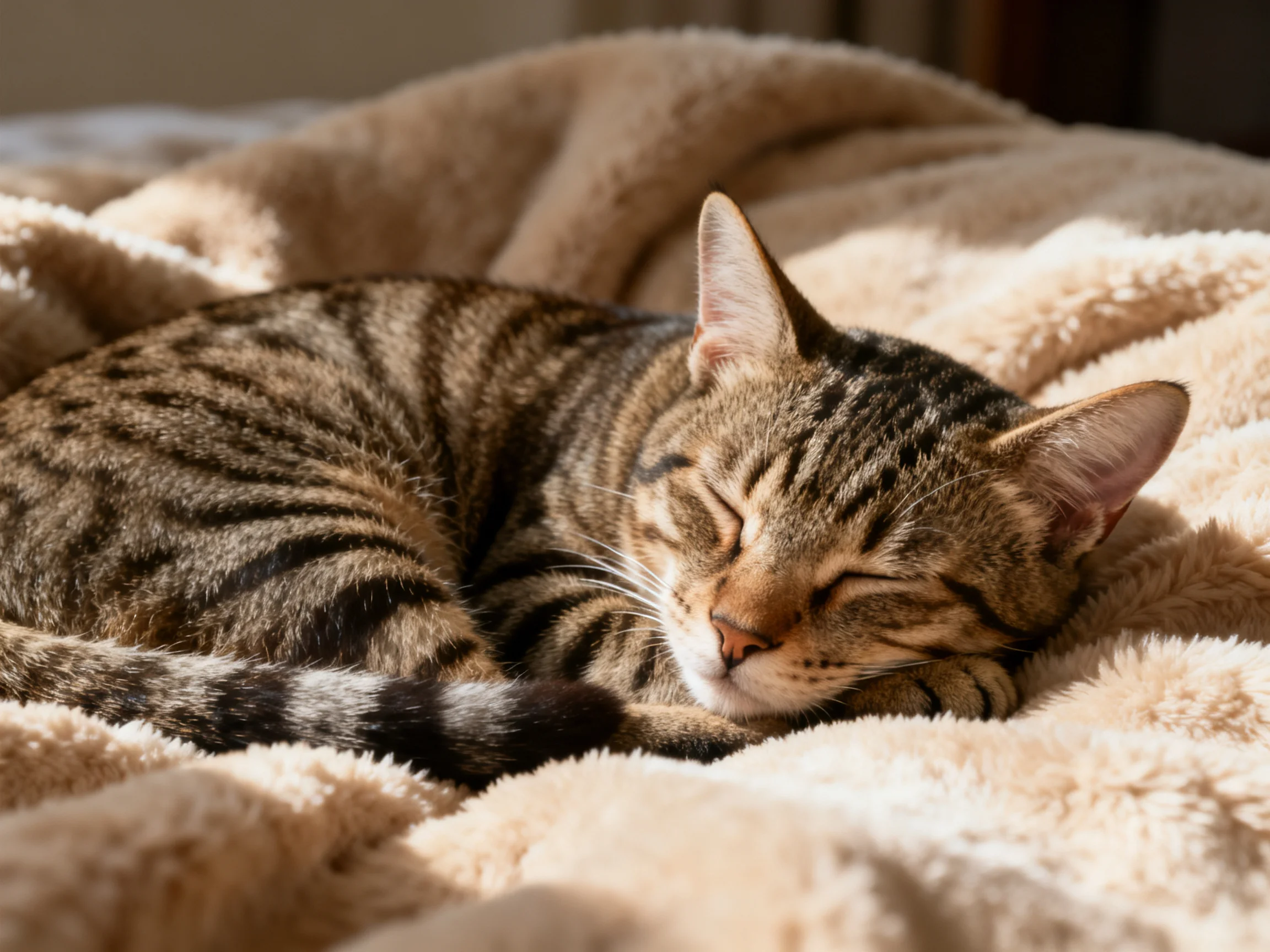 A tabby cat curls up sleeping on a soft beige blanket