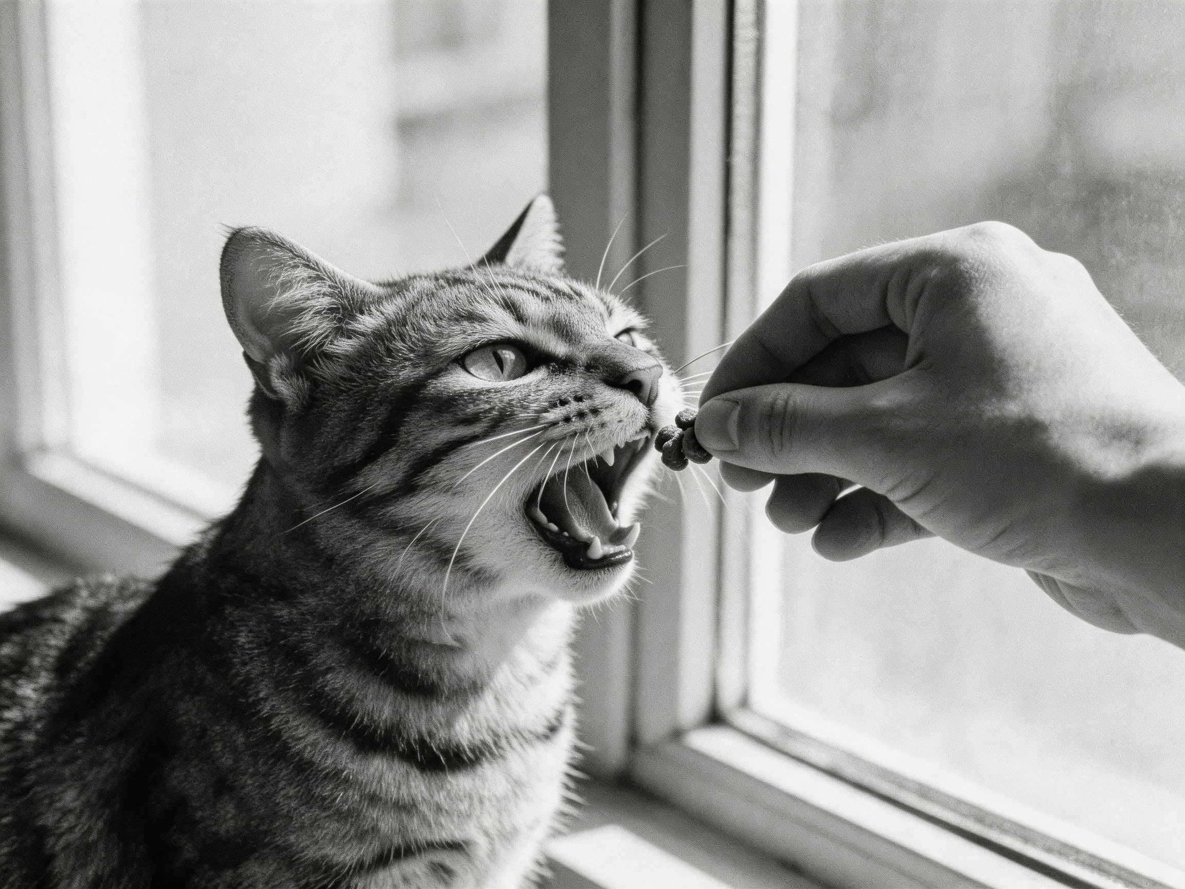 A tabby cat eagerly eating from a hand by a sunlit window