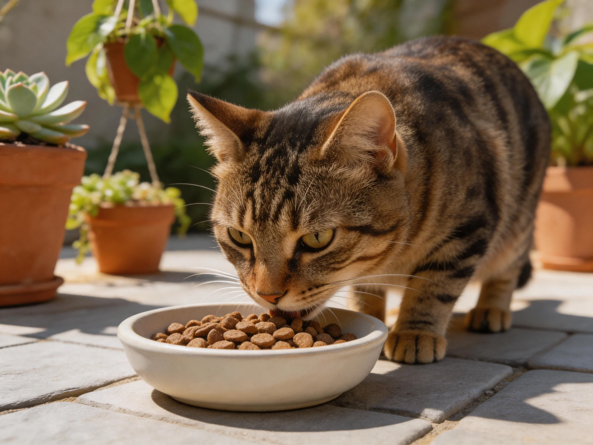 A tabby cat eats dry food near terracotta potted plants outdoors