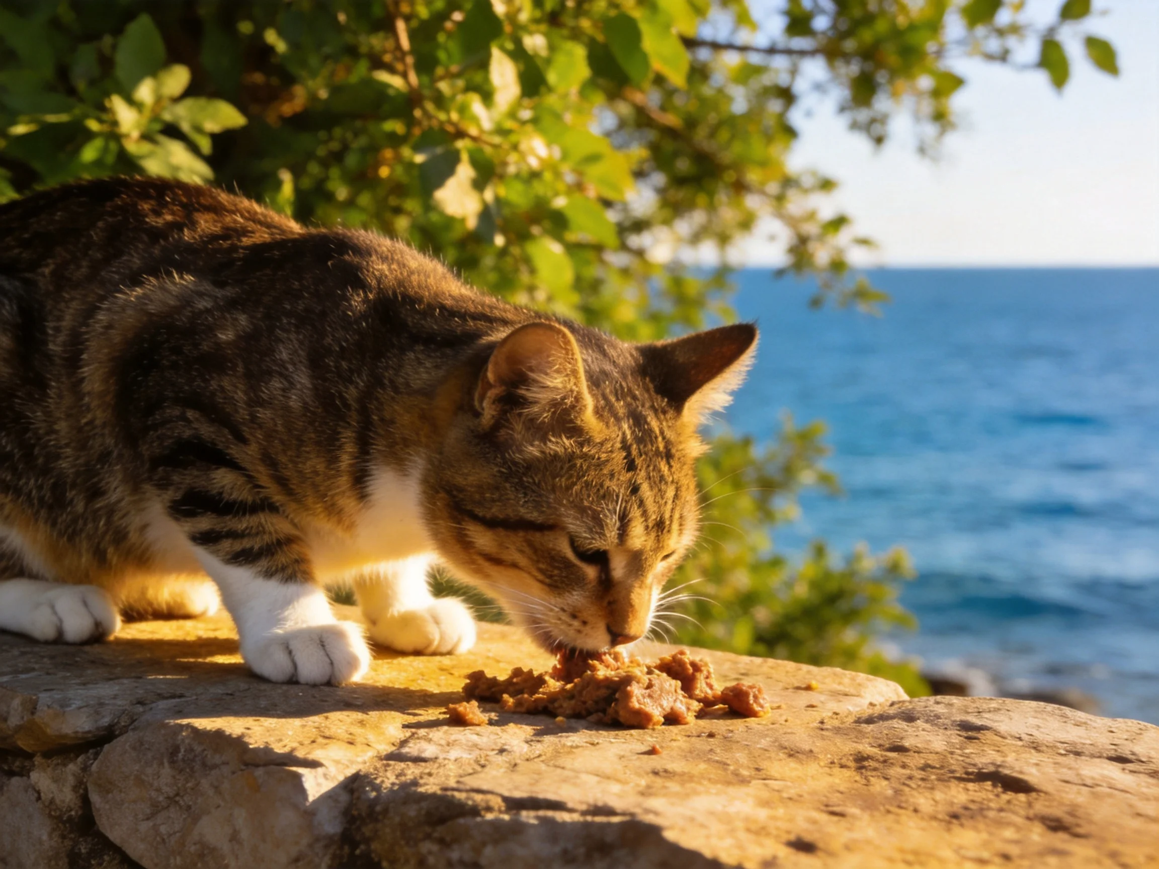 A tabby cat eats food on a stone ledge by the blue sea