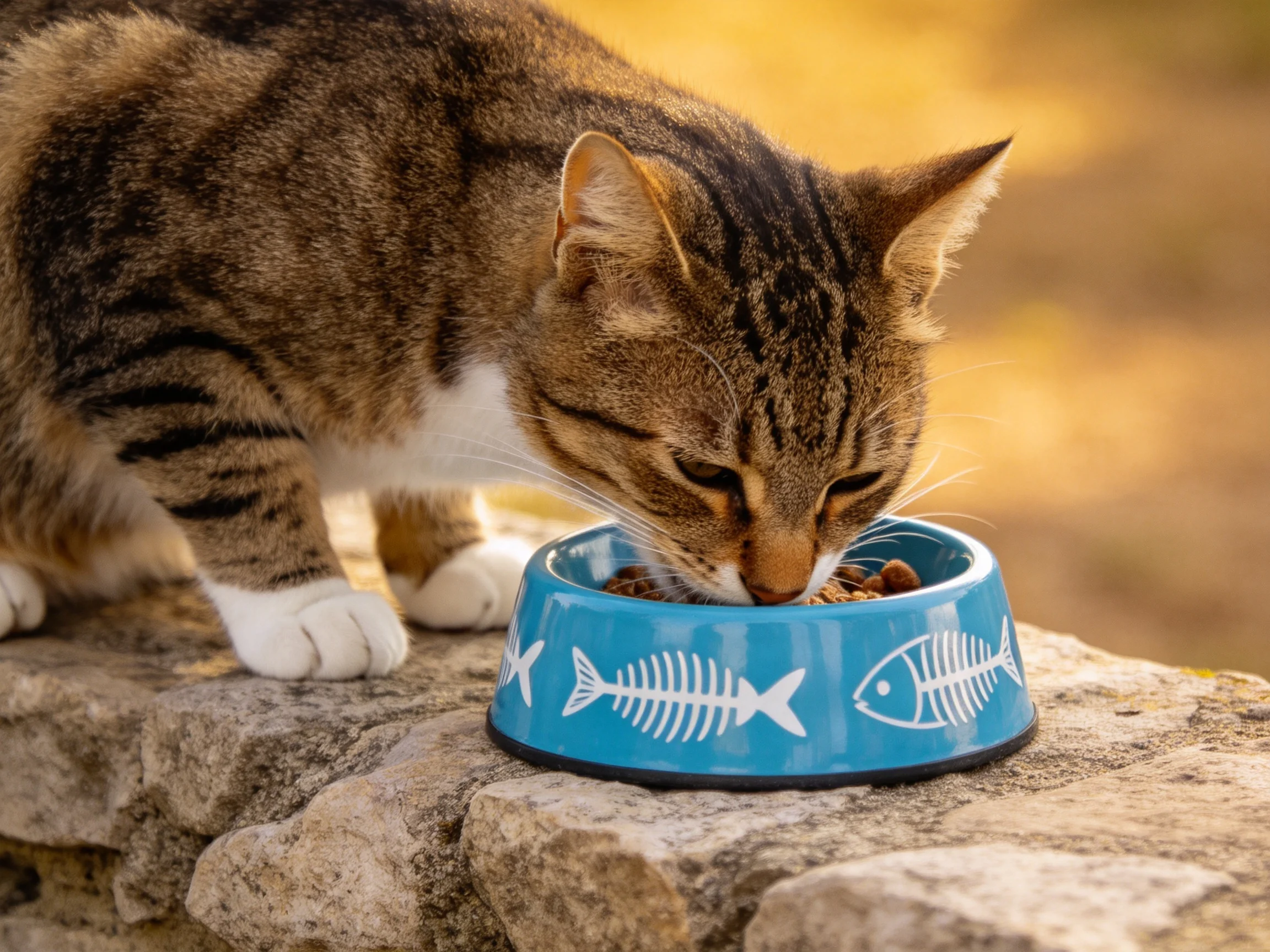 A tabby cat eats from a blue fish-decorated bowl on a stone ledge