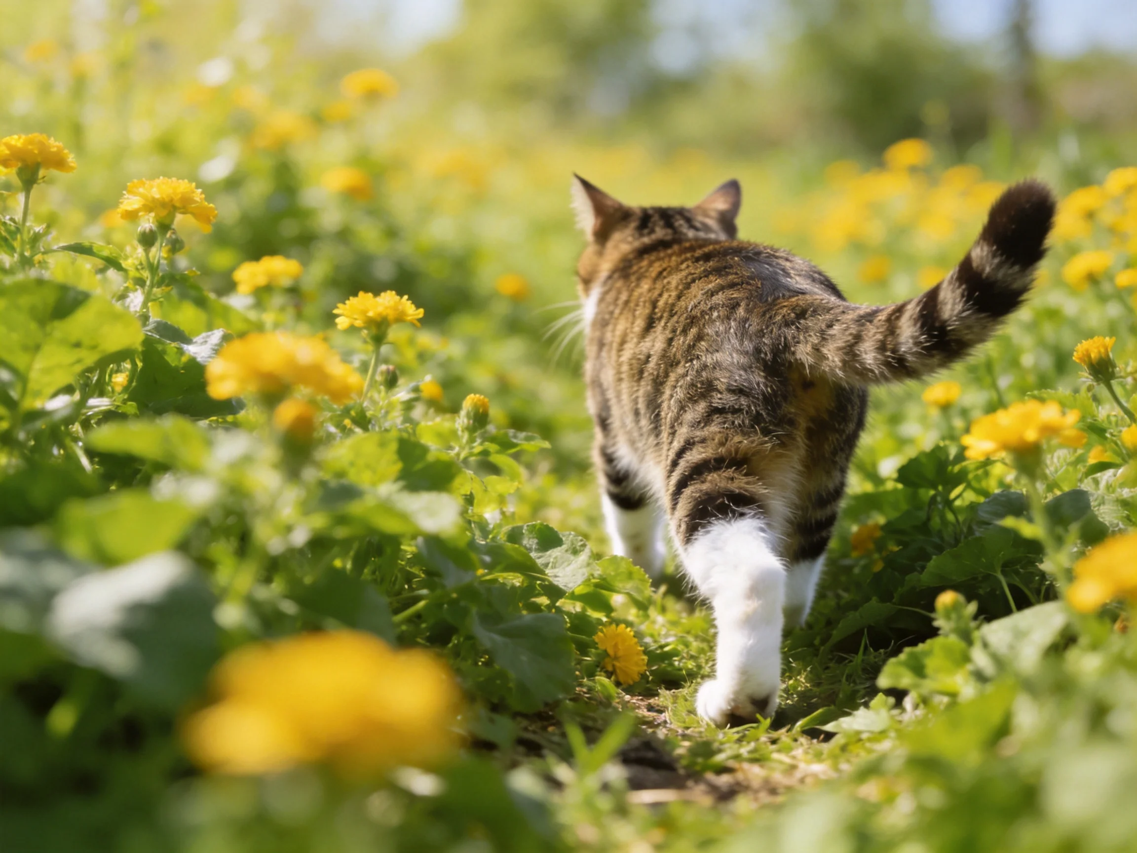 A tabby cat explores a sunlit field of yellow flowers and green plants