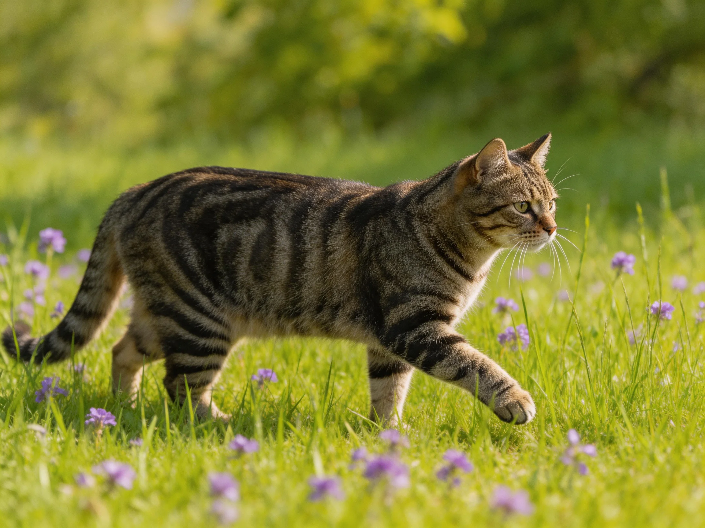 A tabby cat walks through a sunlit meadow with purple wildflowers