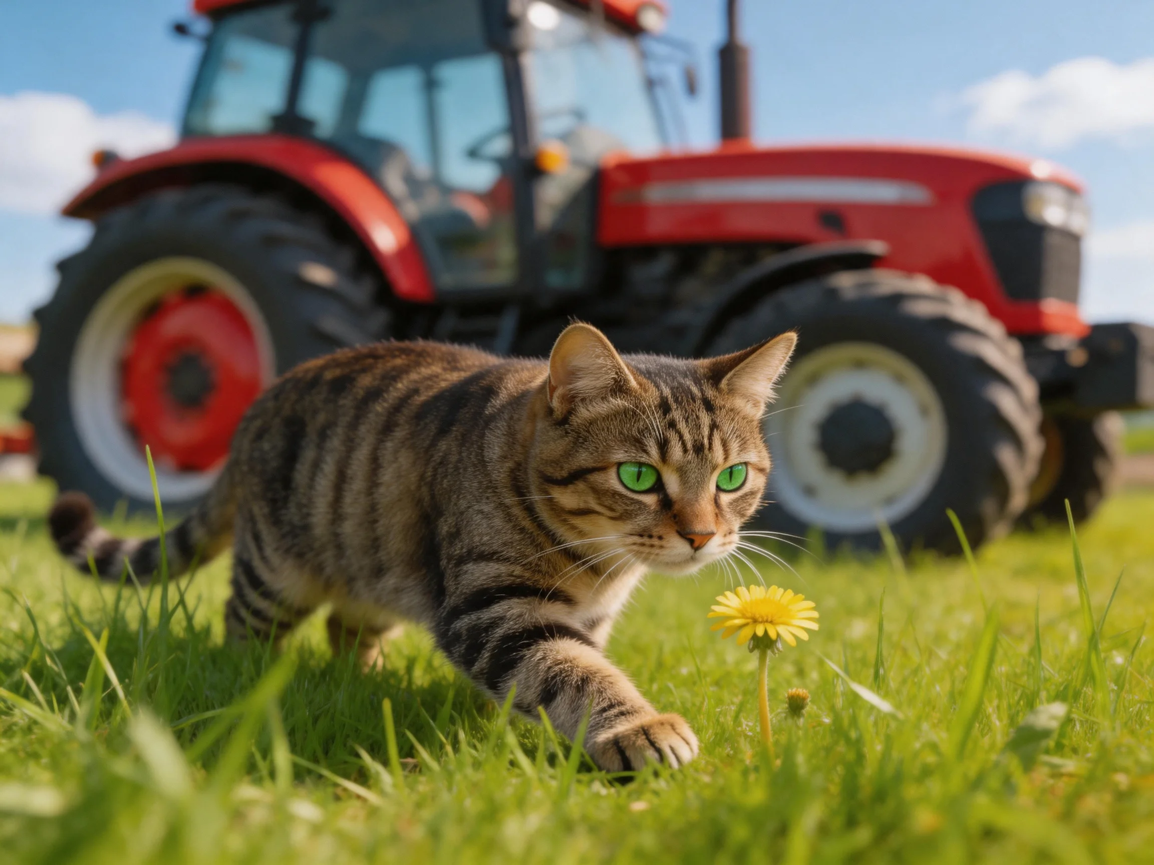 A tabby cat explores near a yellow flower with a red tractor behind