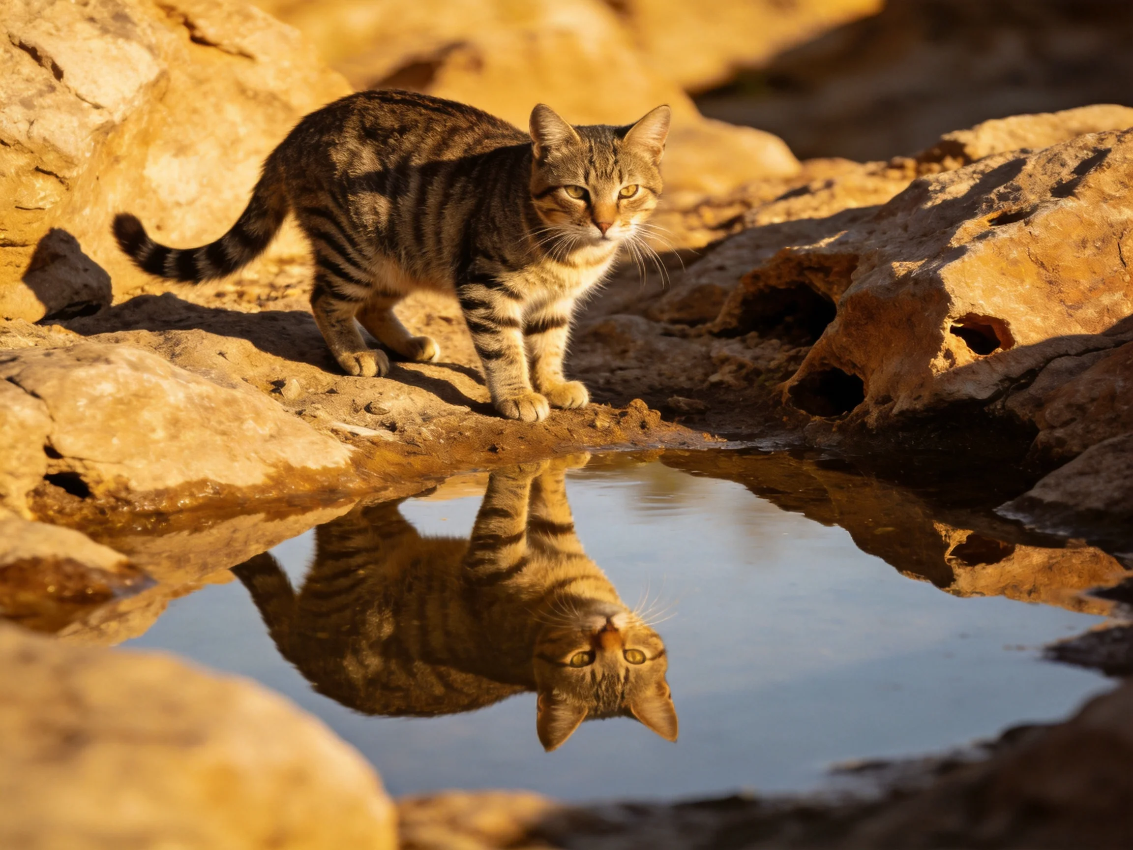 A tabby cat explores rocky terrain beside a reflective water pool