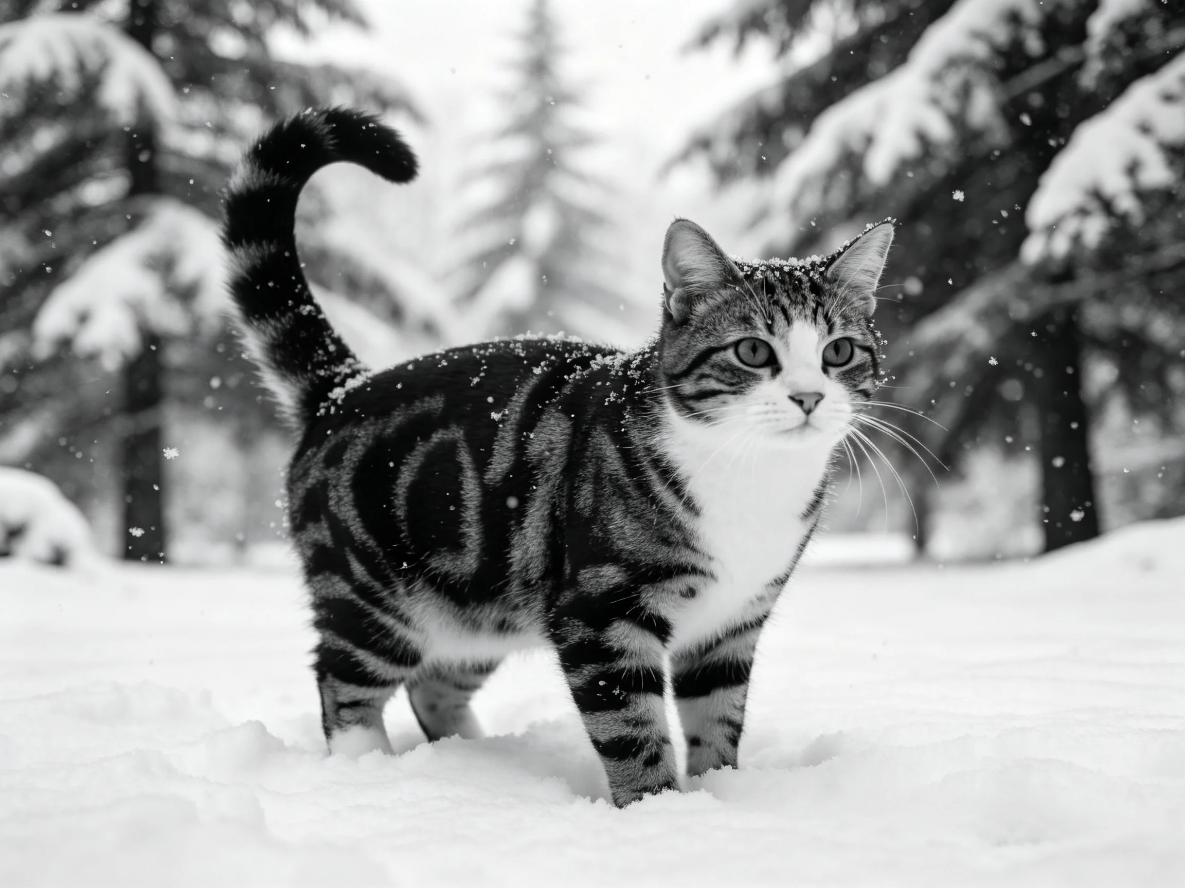 A tabby cat exploring deep snow near snow-covered evergreens