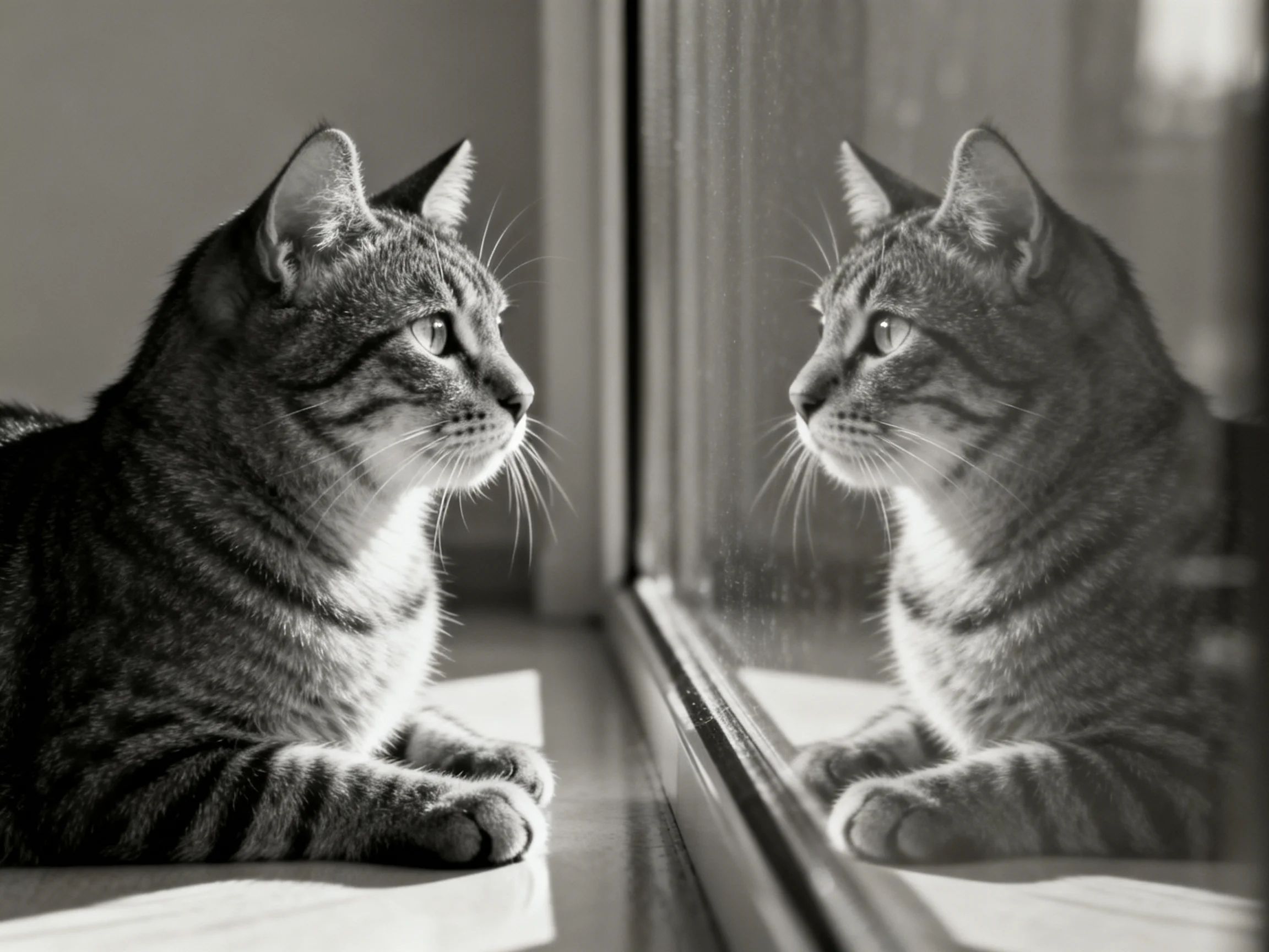 A tabby cat gazes at its reflection in a glass window