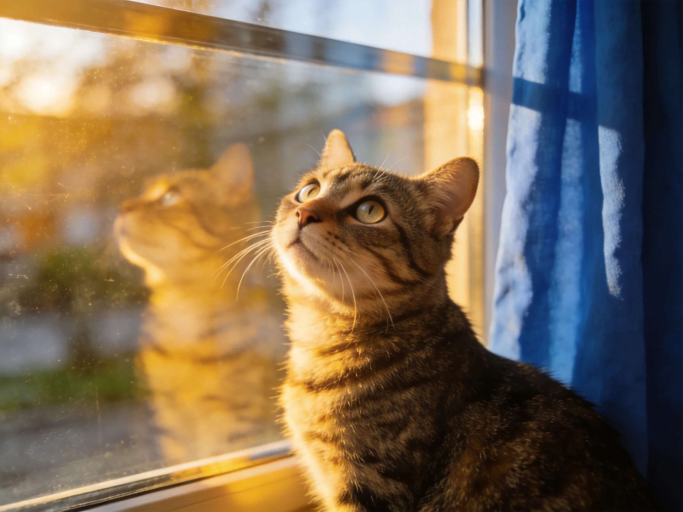 A tabby cat gazes upward by a sunlit window with blue curtains