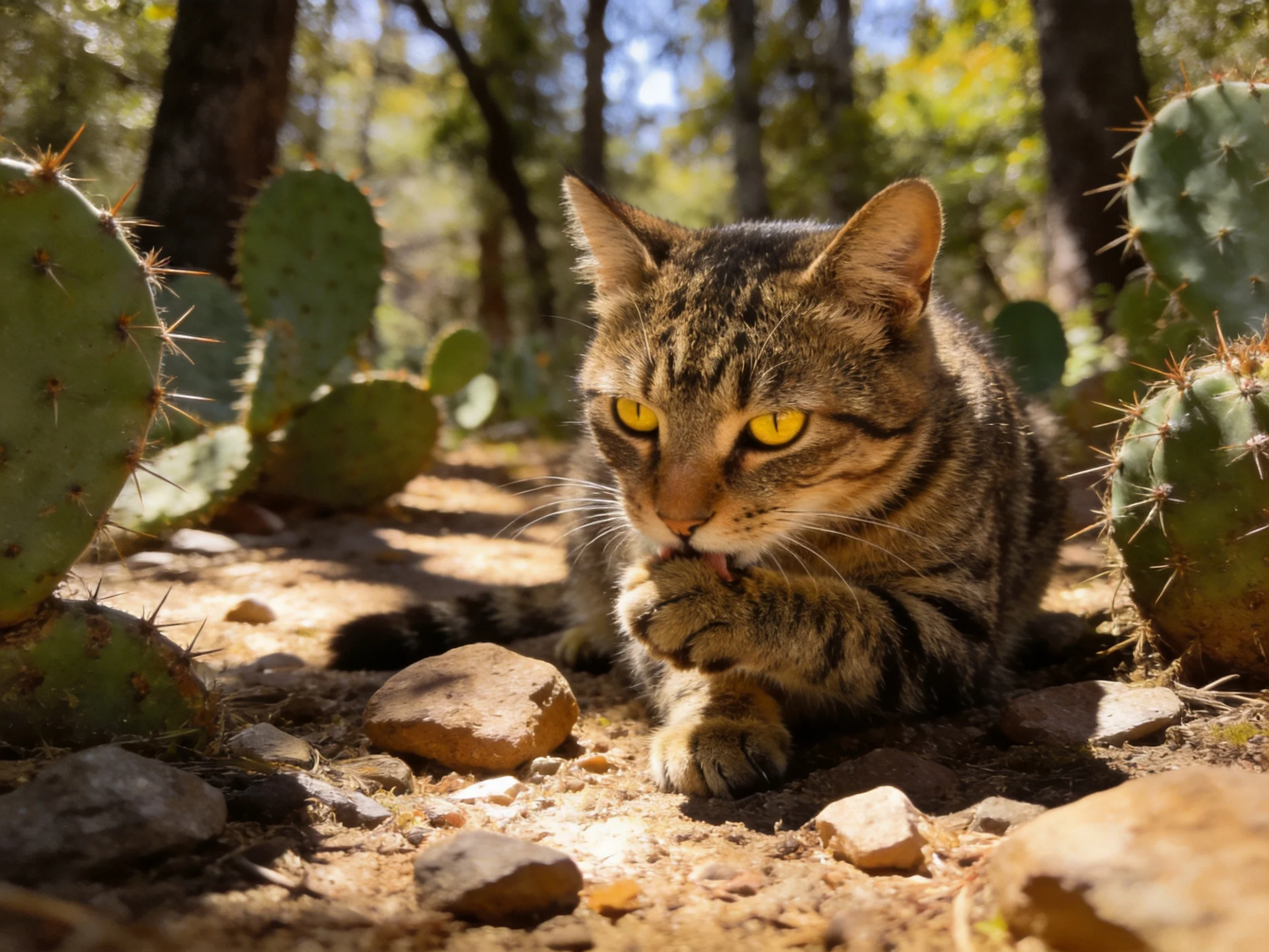 A tabby cat grooming near spiny cacti in a sunlit woodland