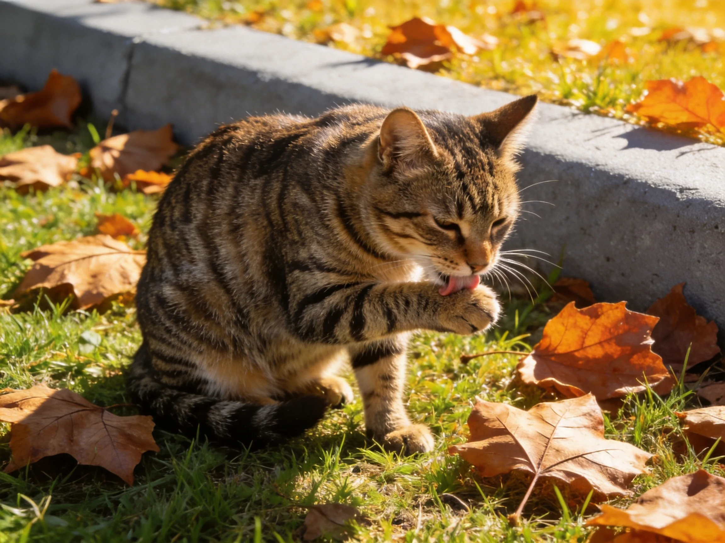 A tabby cat grooms beside a concrete curb amid fallen autumn leaves