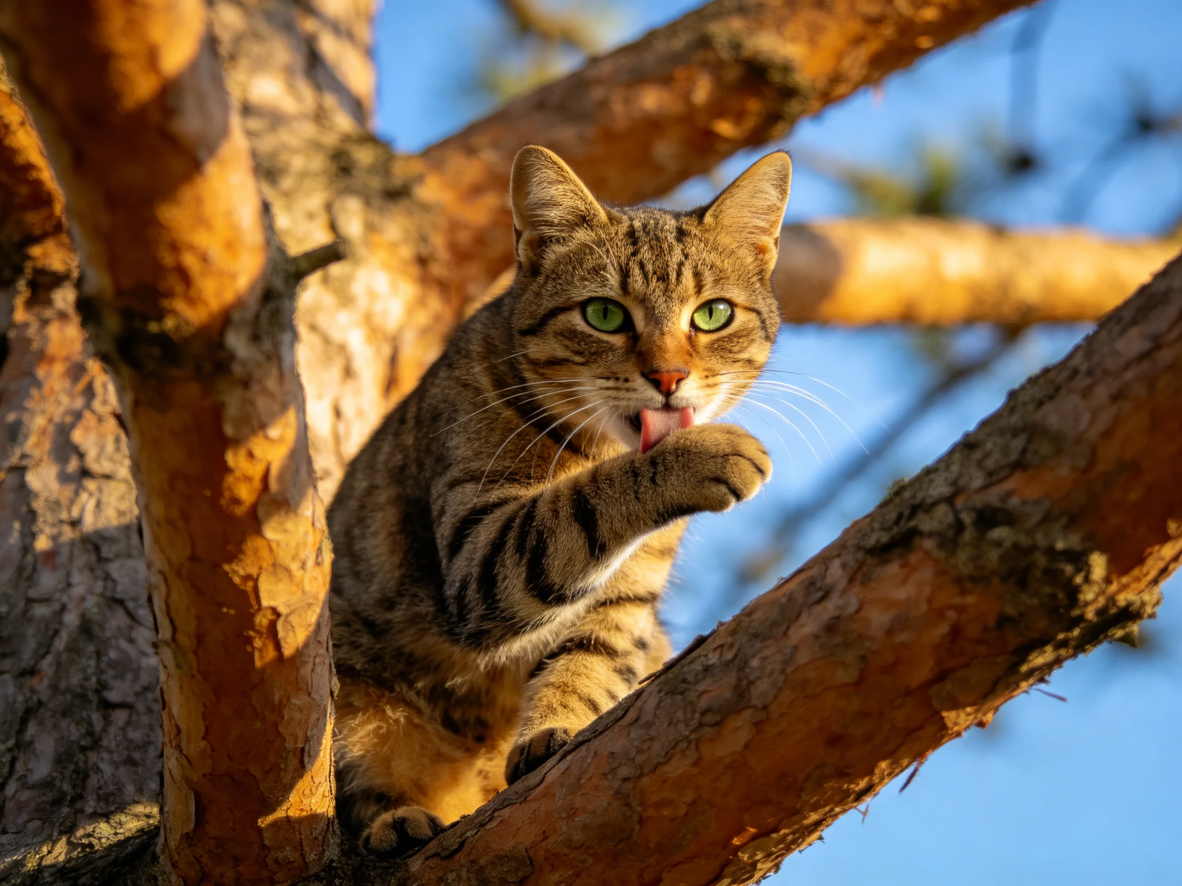 A tabby cat grooms itself on sun-drenched tree branches