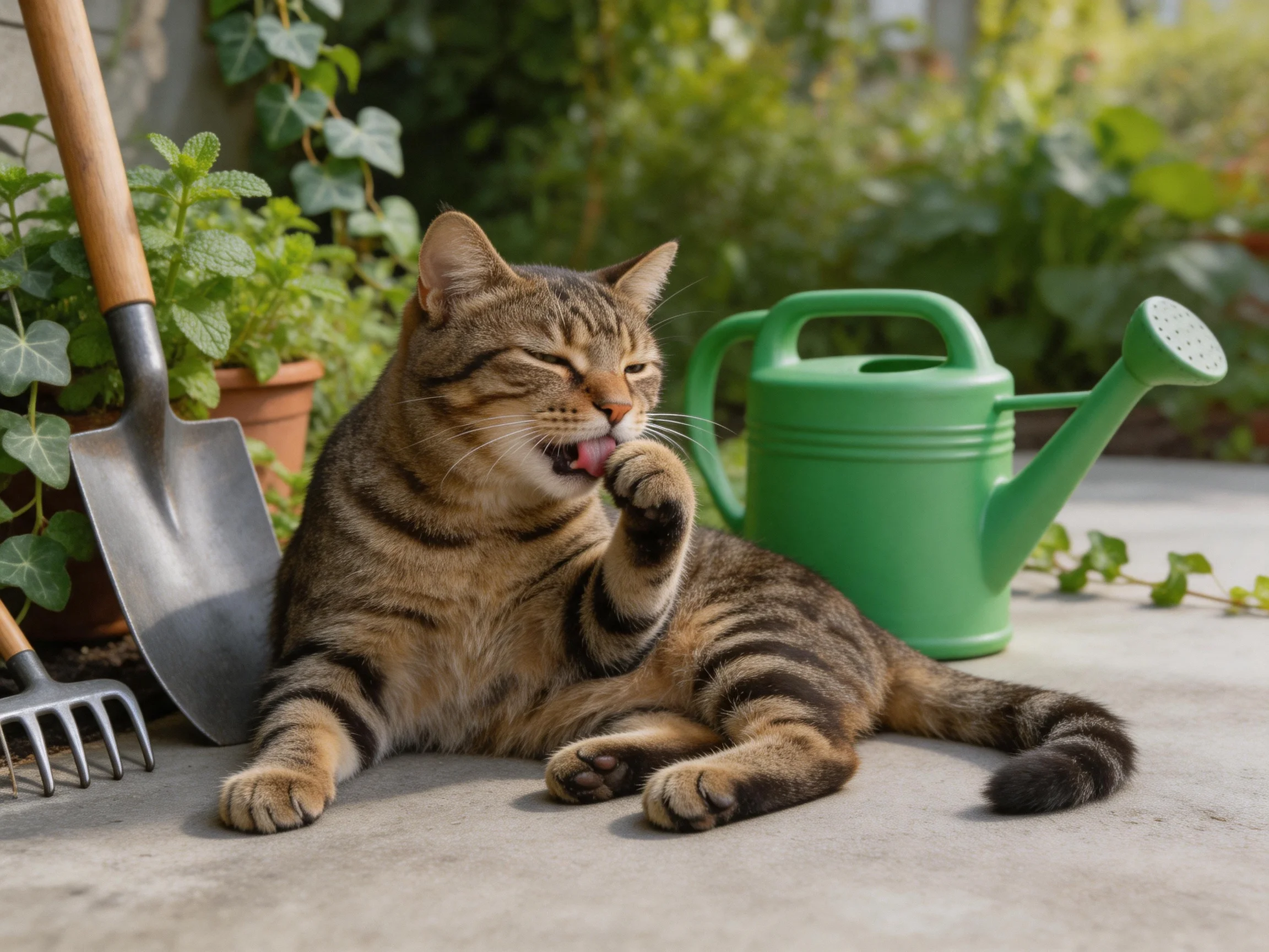 A tabby cat grooms near a green watering can and garden tools