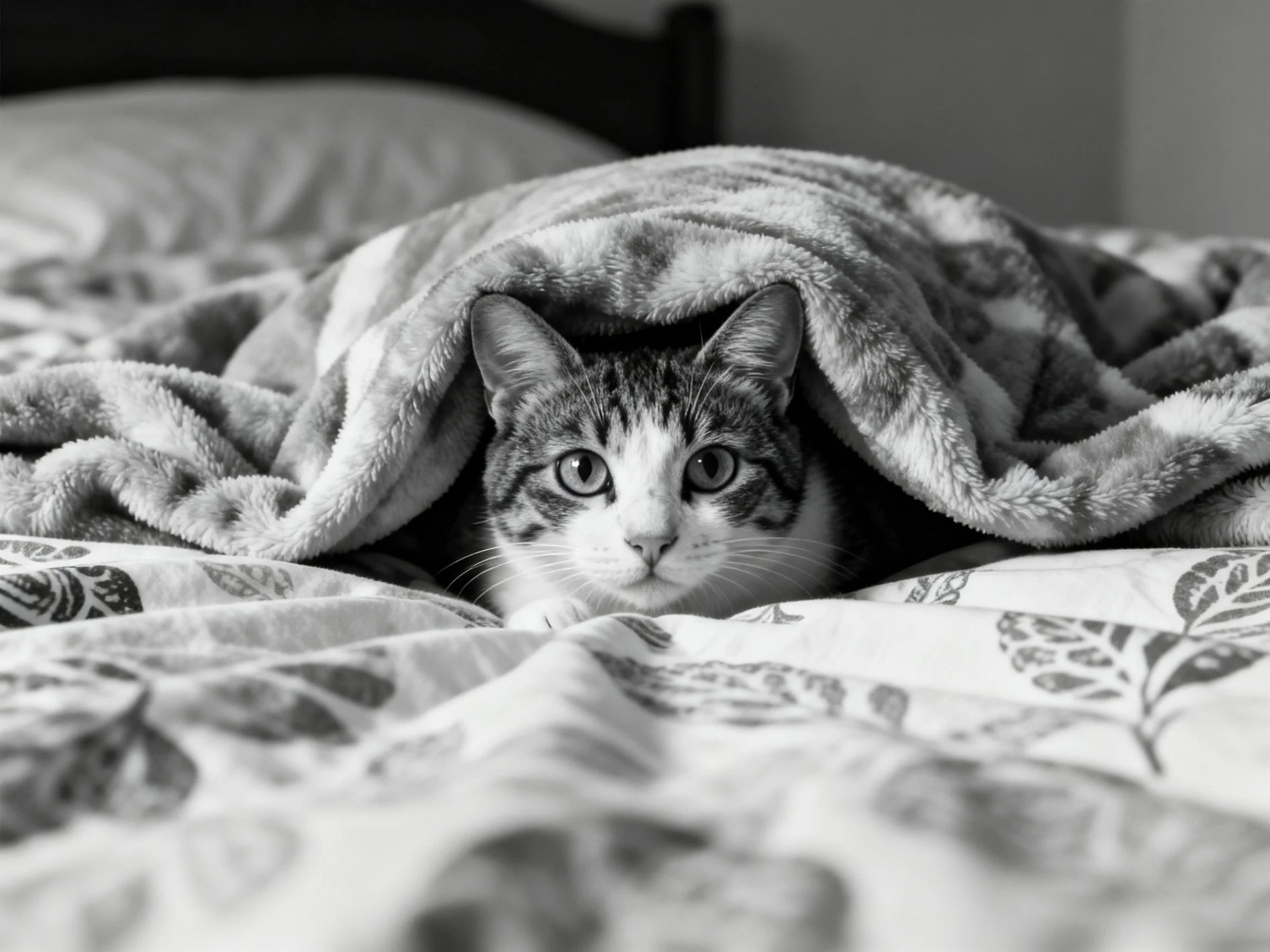 A tabby cat hides under a soft blanket on a patterned bedspread