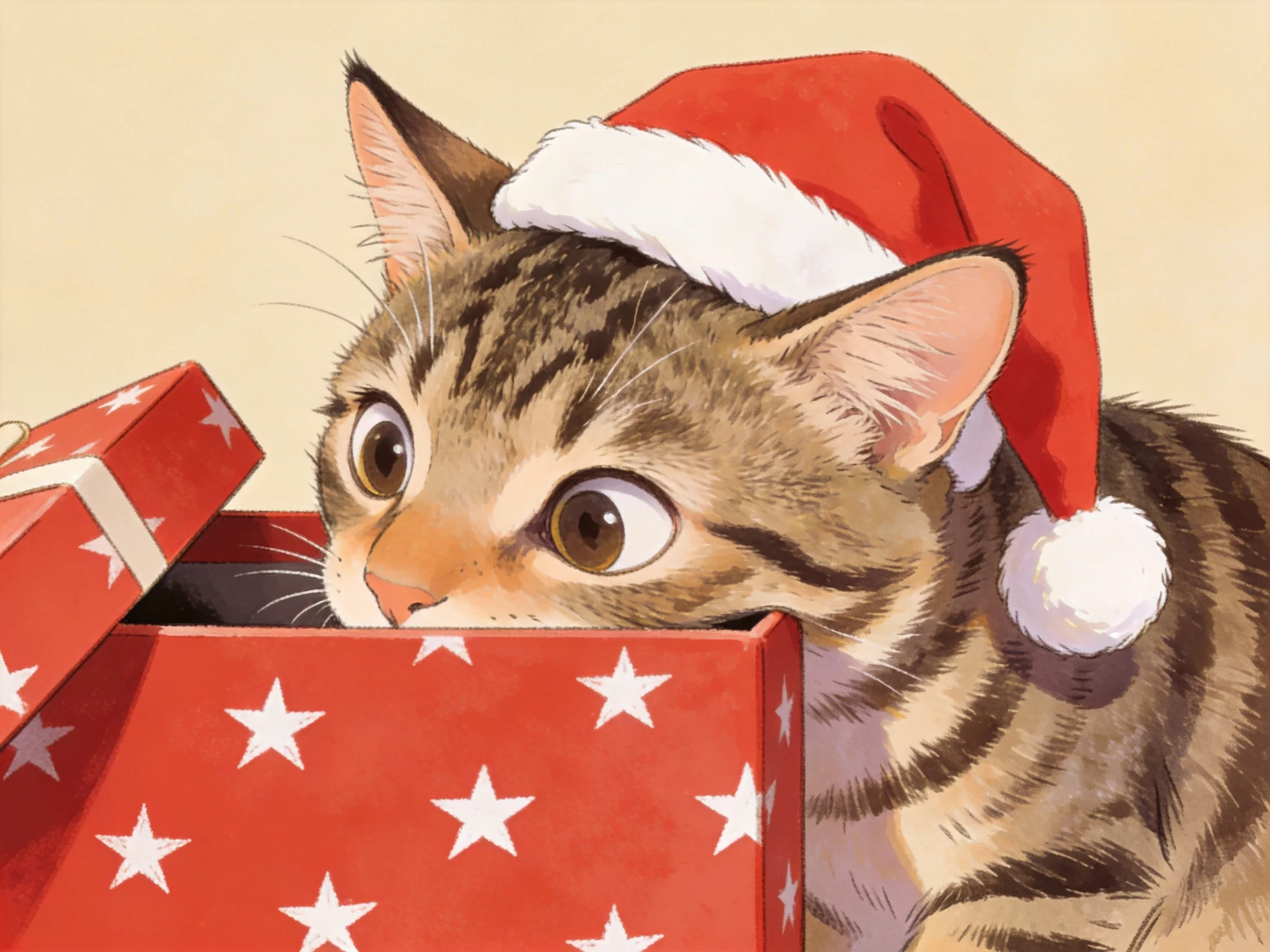 A tabby cat in a Santa hat peers from a red star-patterned gift box