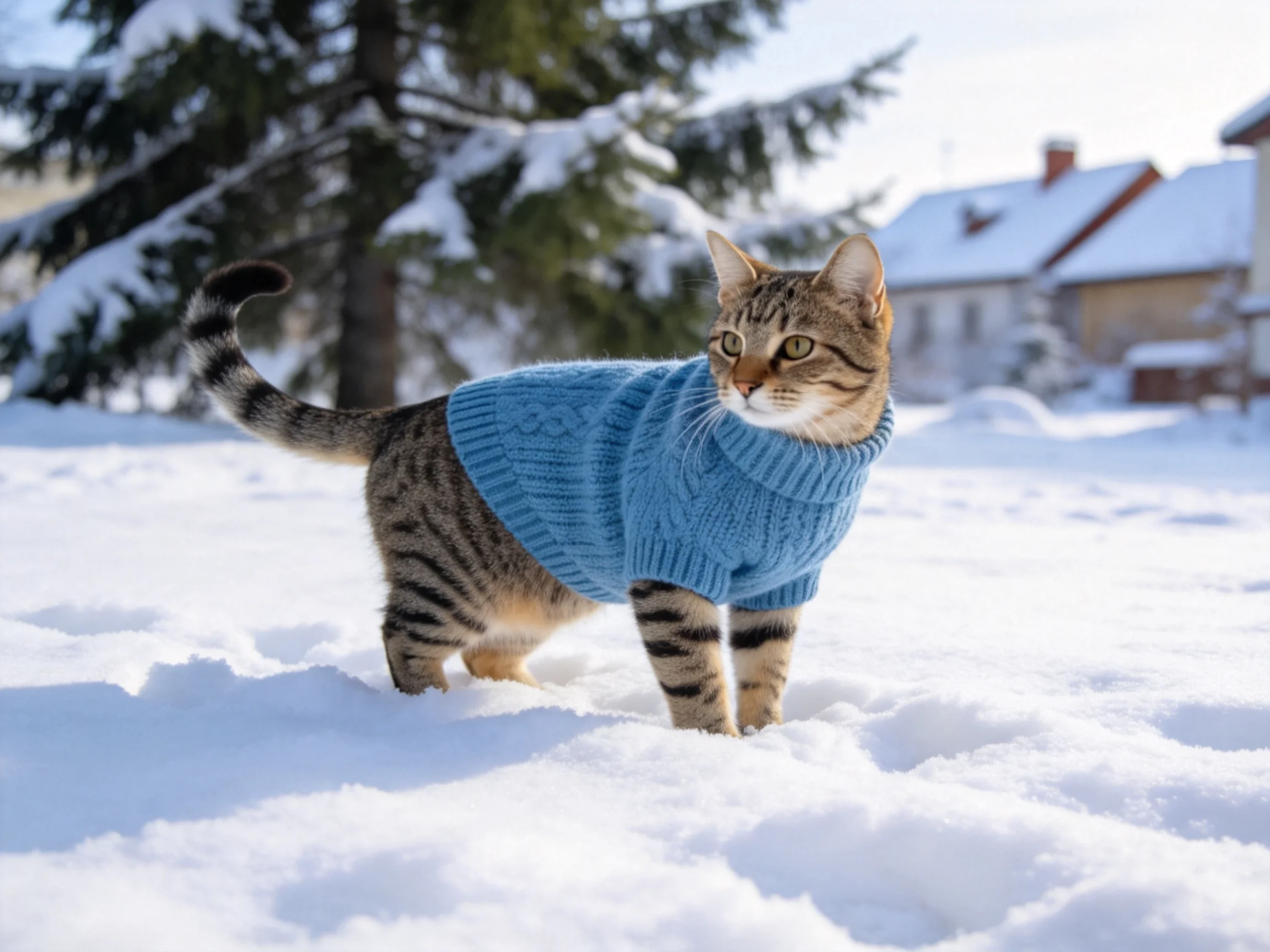 A tabby cat in a blue sweater walks through snow near winter scenery.
