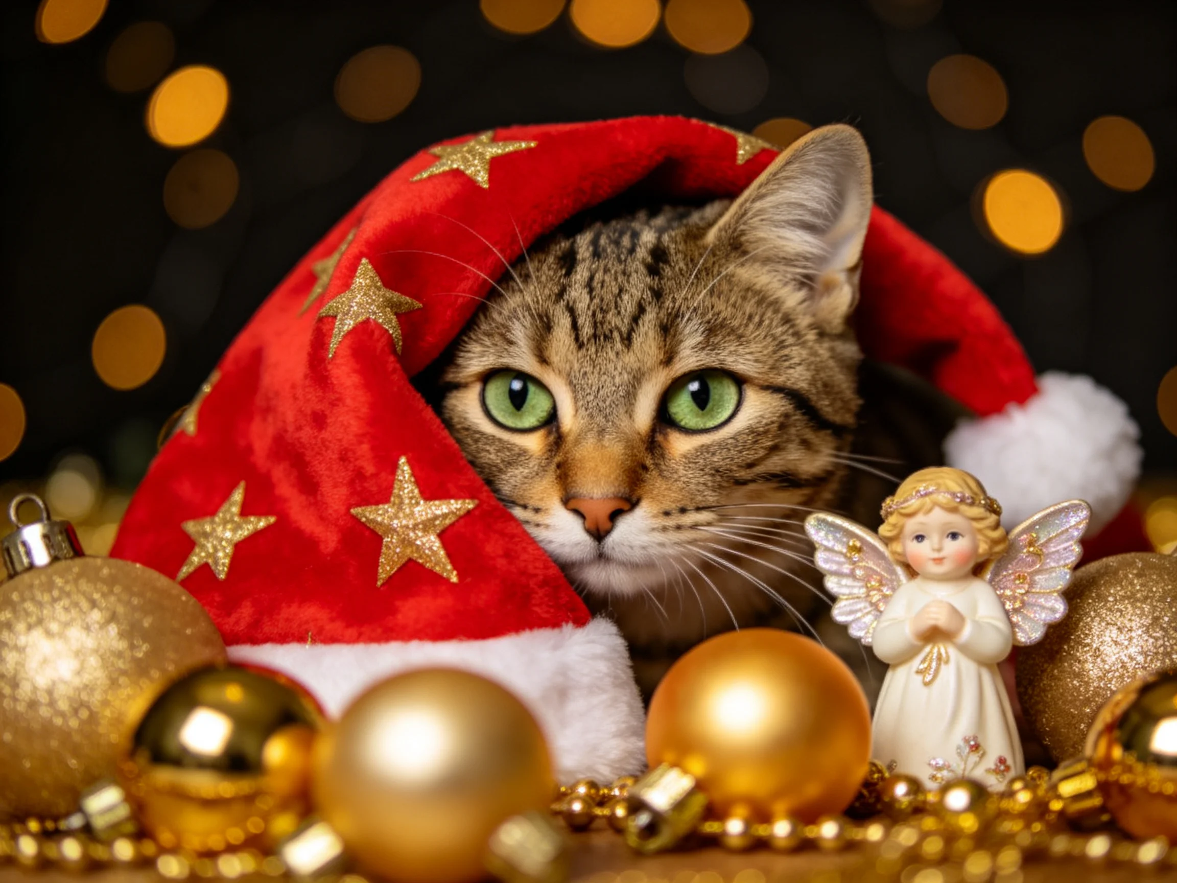 A tabby cat in a red starry Santa hat among golden ornaments and an angel