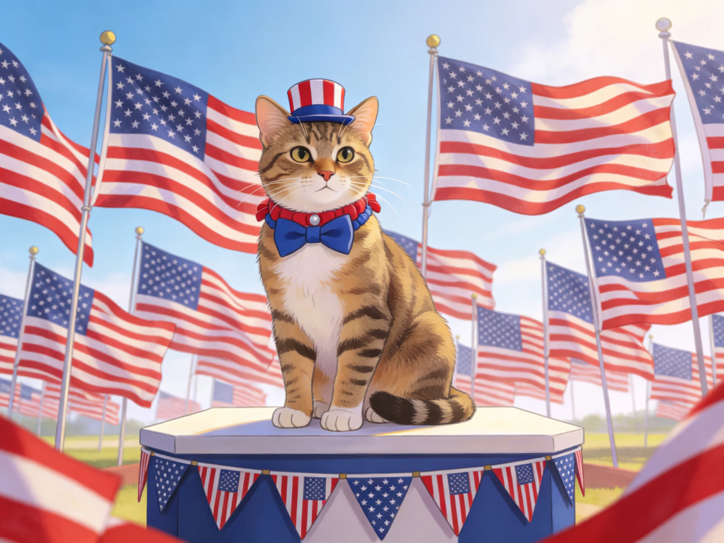 A tabby cat in patriotic gear sits among many American flags