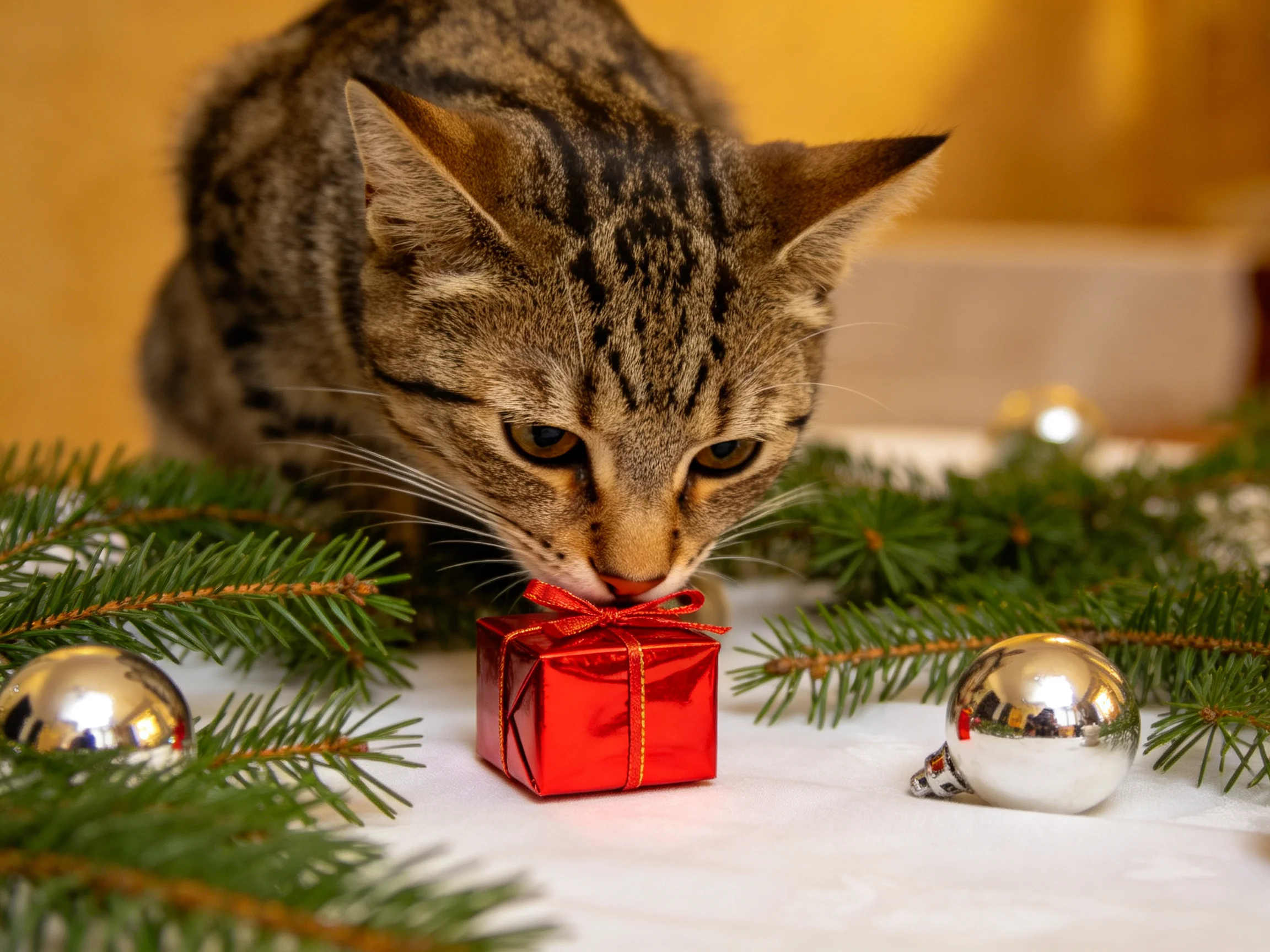 A tabby cat inspects a small red gift box among evergreen branches and silver ornaments