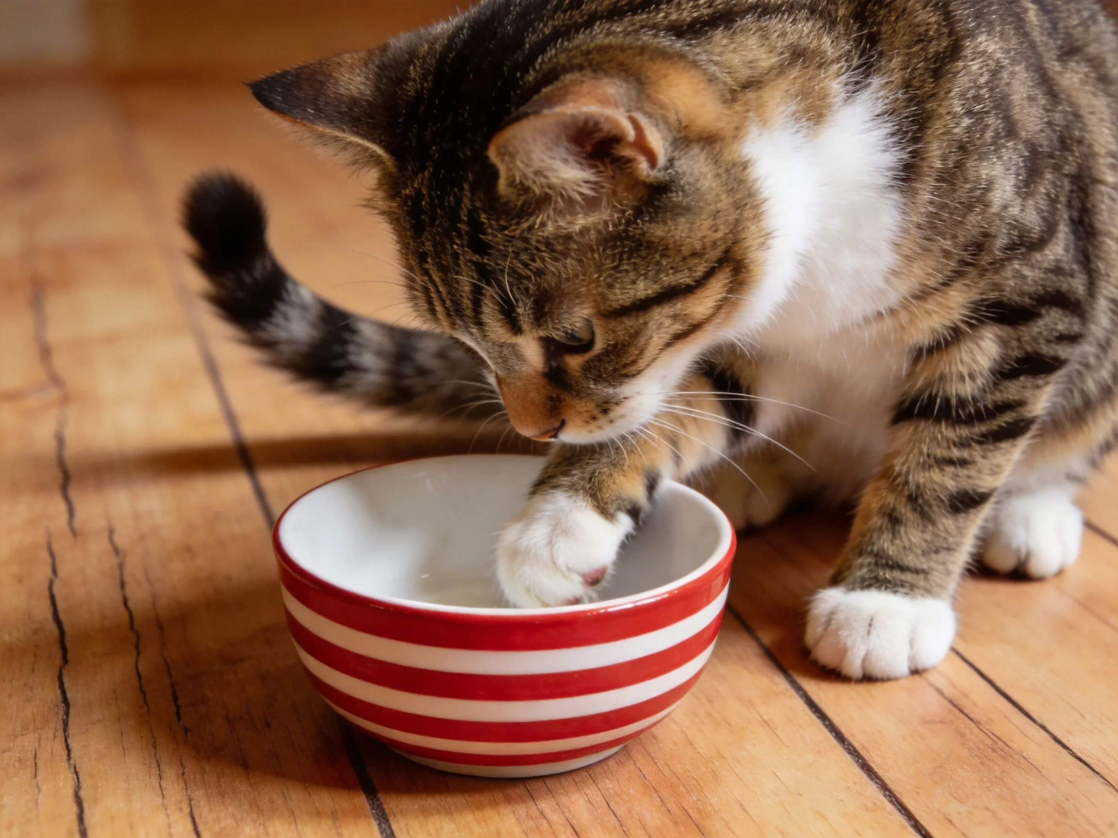 A tabby cat interacts with a red-and-white striped bowl on a wooden floor