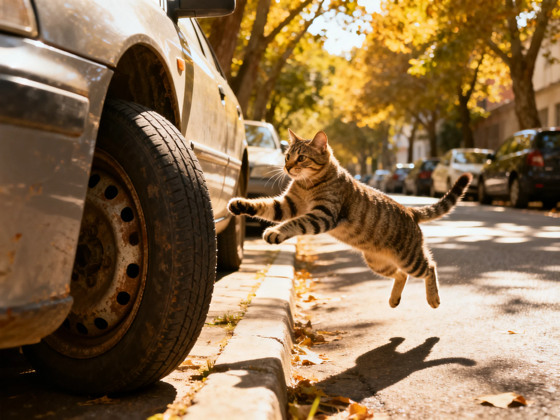 A tabby cat leaps toward a silver car on a leaf-strewn street