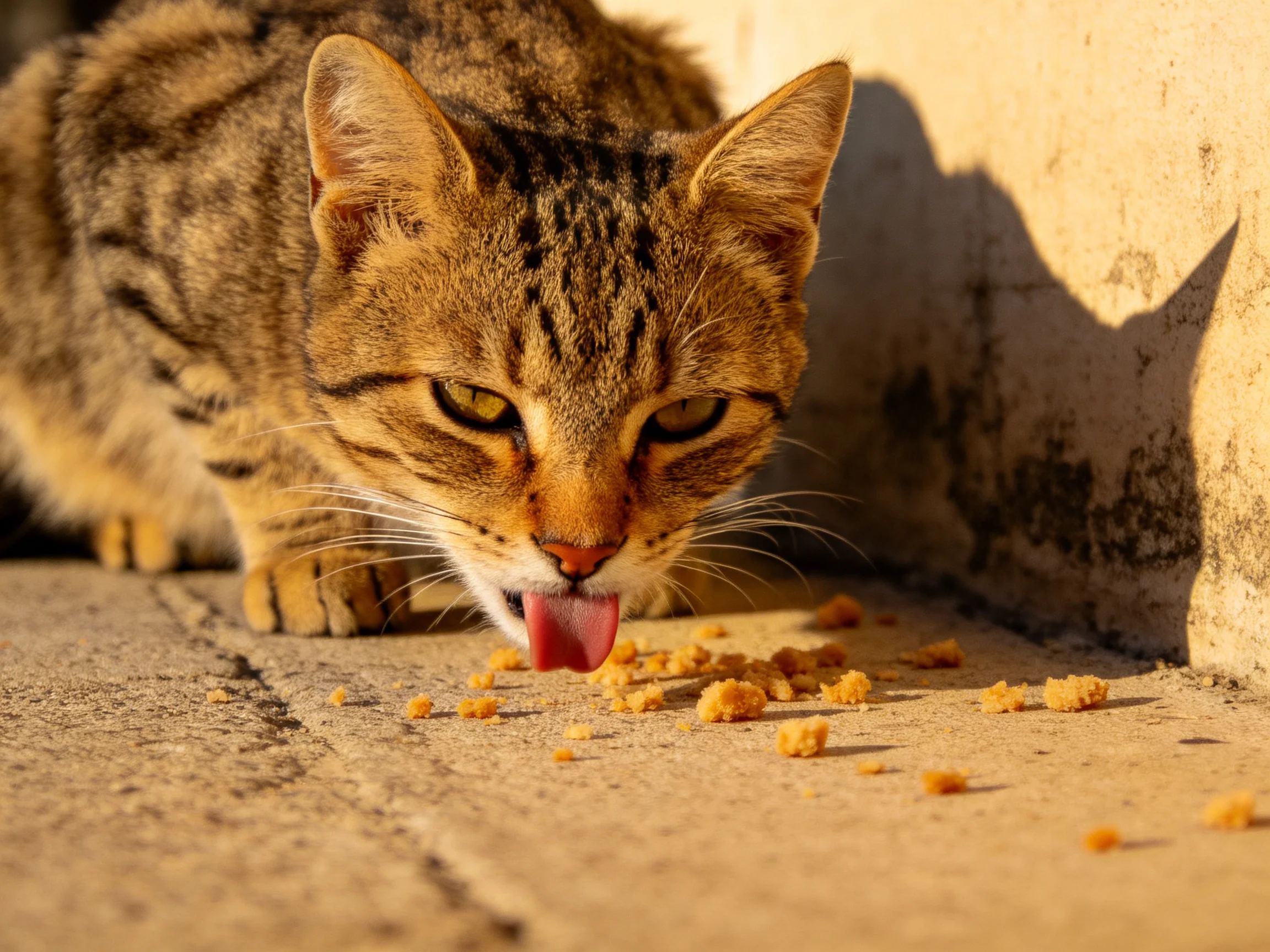 A tabby cat licks scattered food near a sunlit concrete wall