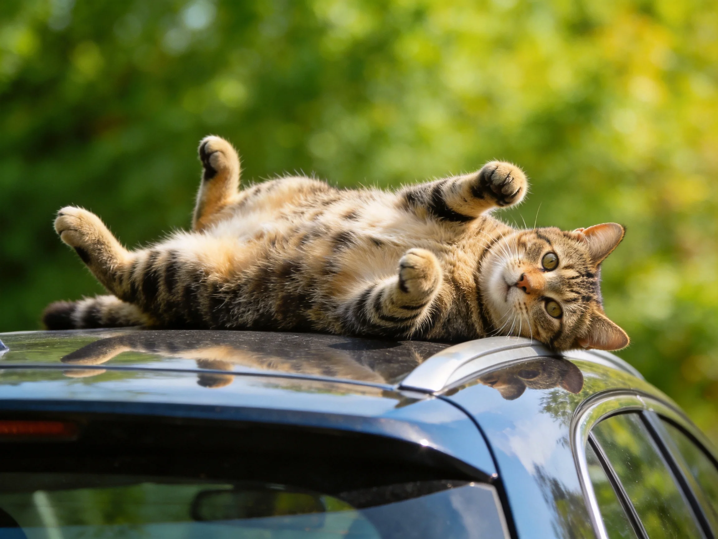 A tabby cat lounges comfortably atop a dark blue car roof