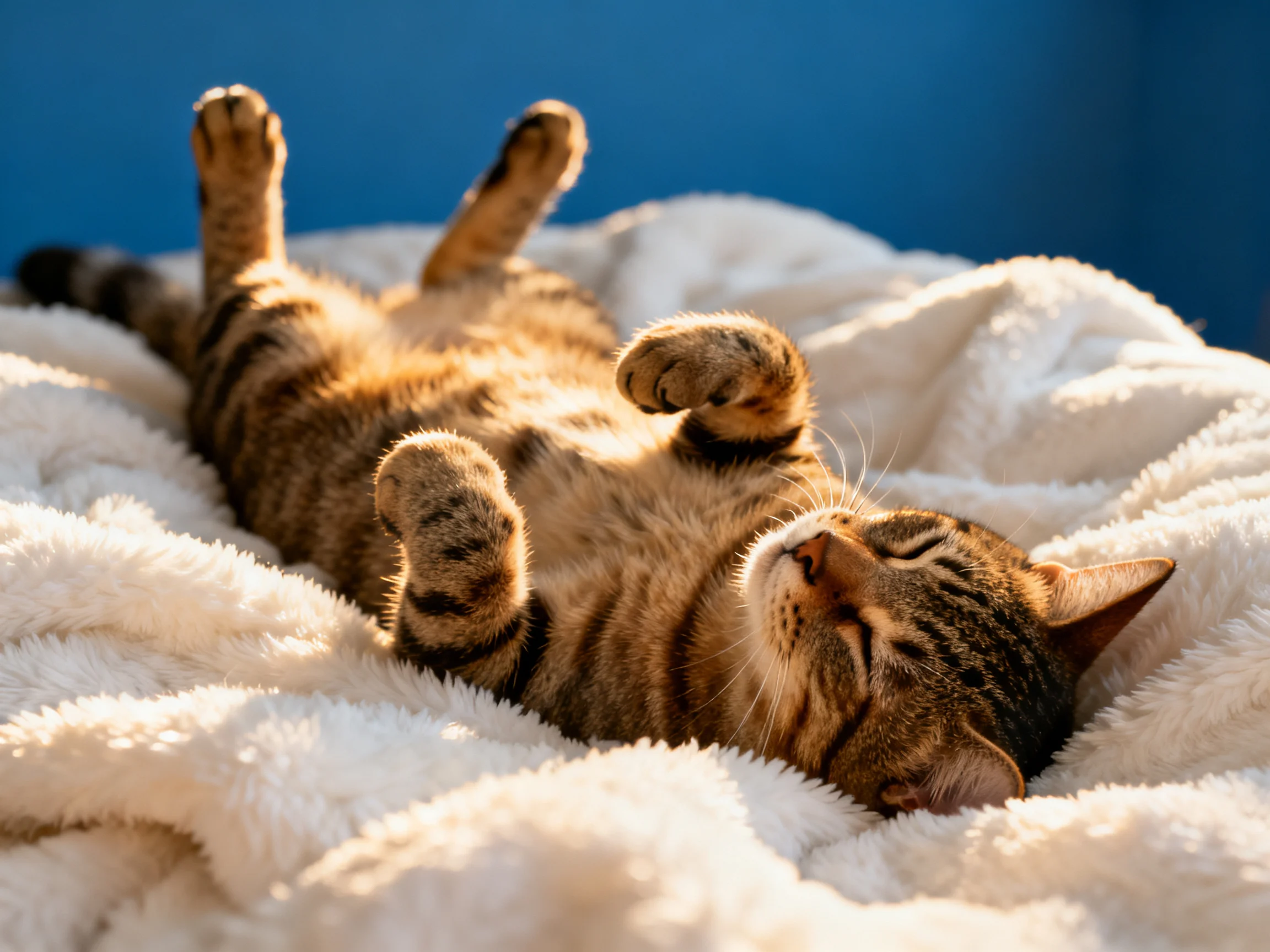 A tabby cat lounges contentedly on a plush white blanket against a deep blue backdrop