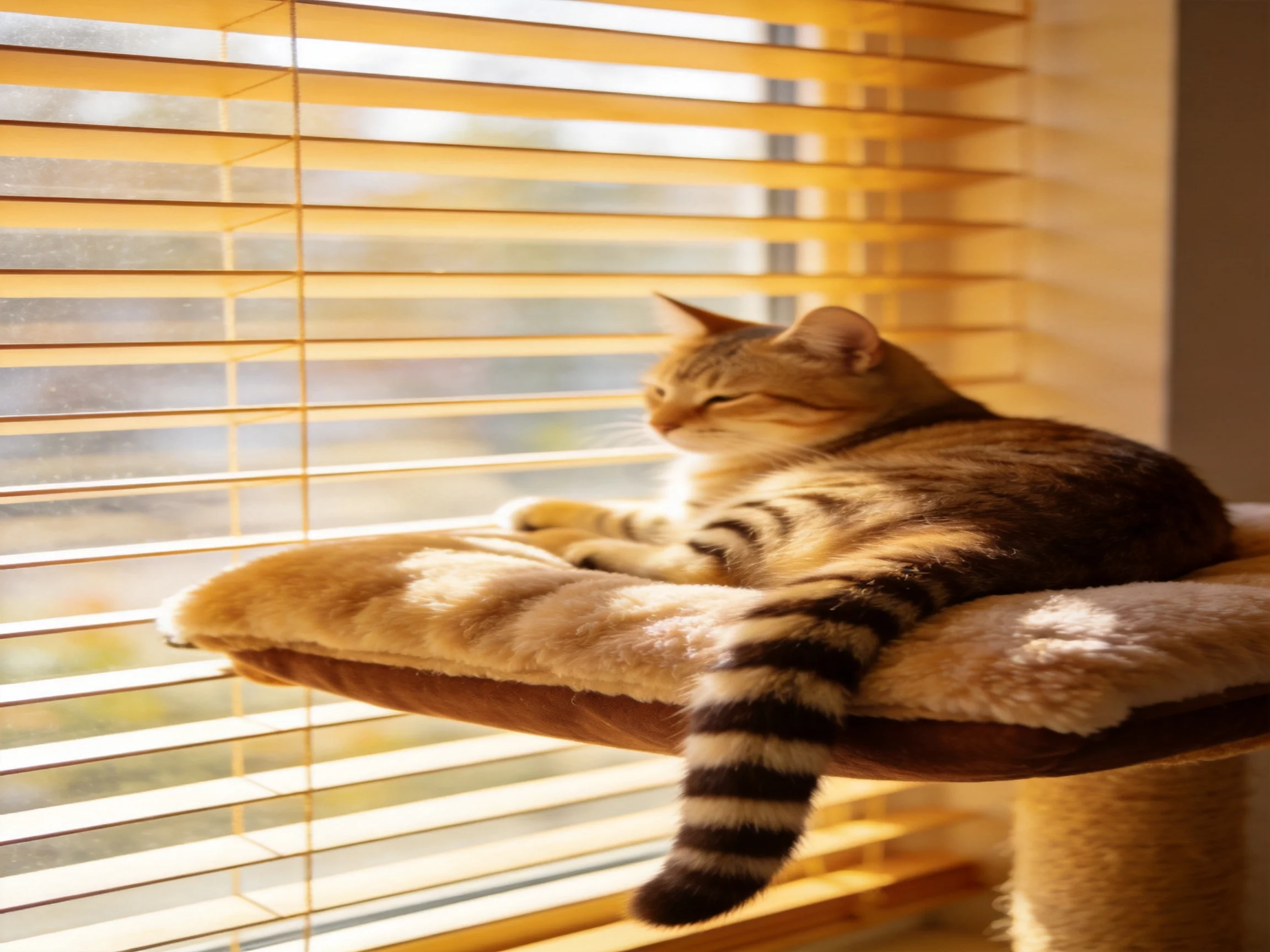 A tabby cat lounges on a cushioned window perch beside golden blinds