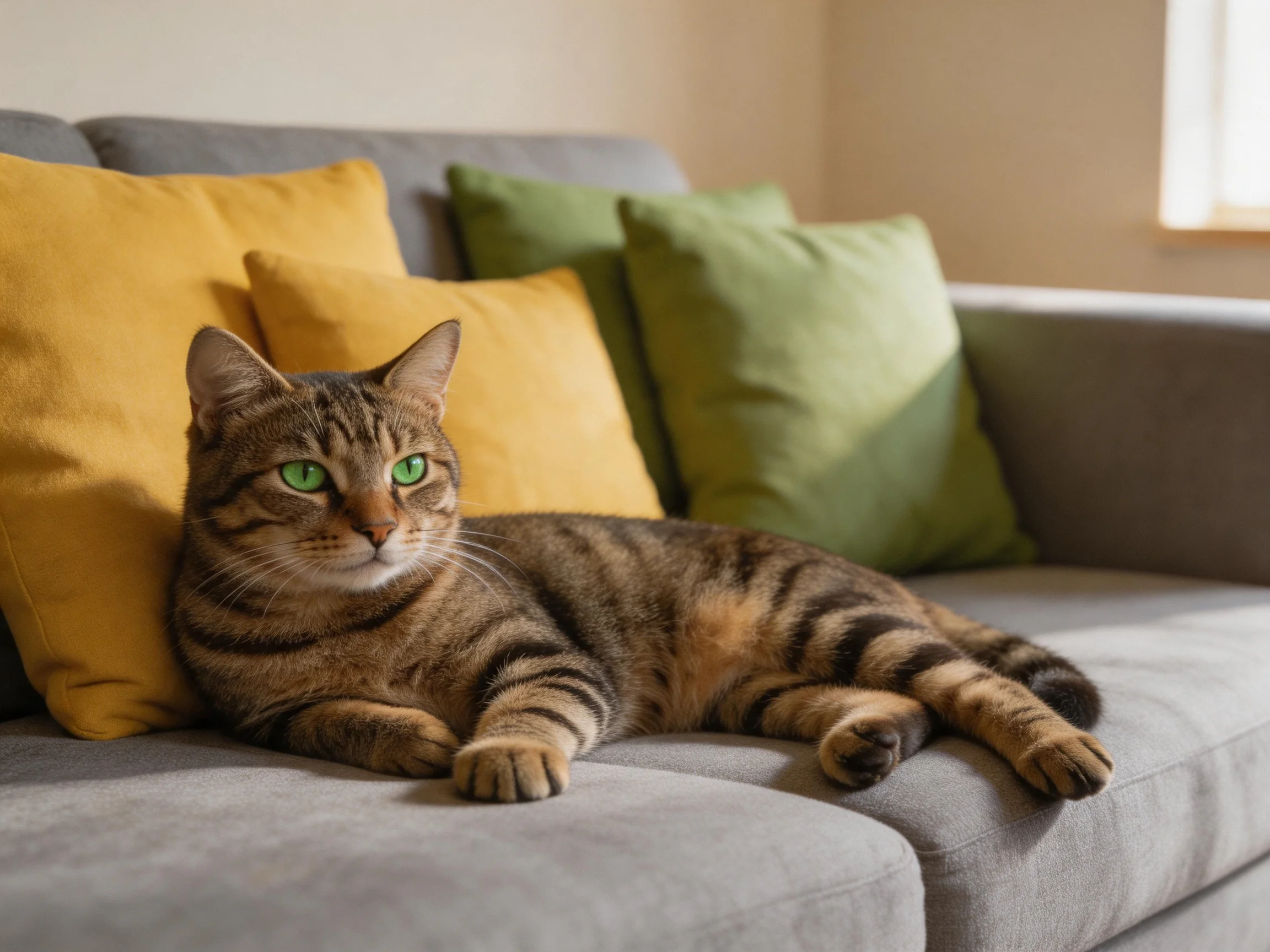 A tabby cat lounges on a gray sofa with yellow and green cushions