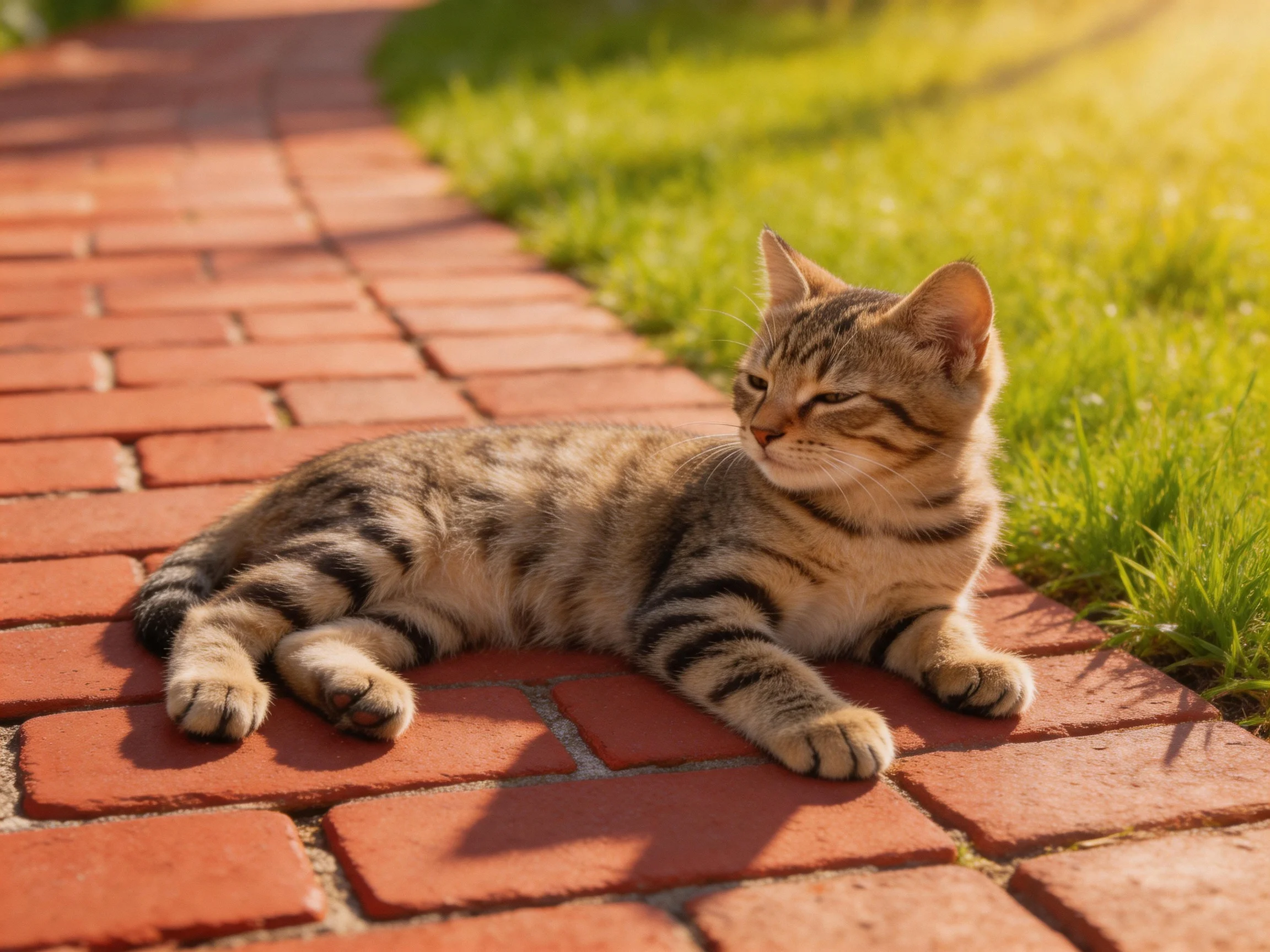 A tabby cat relaxes on a red-brick path next to green grass
