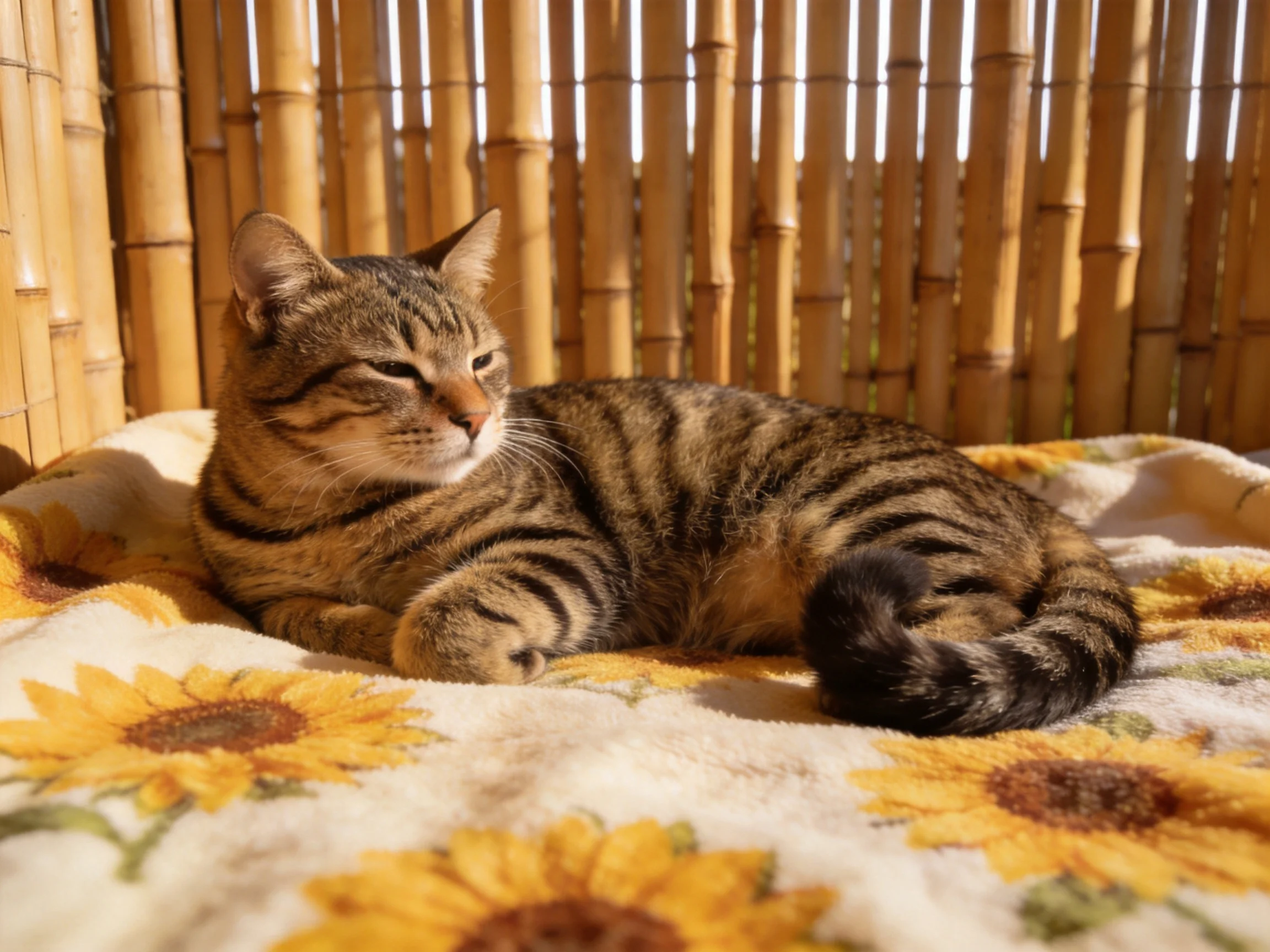 A tabby cat relaxes on a sunflower blanket in a bamboo-fenced area