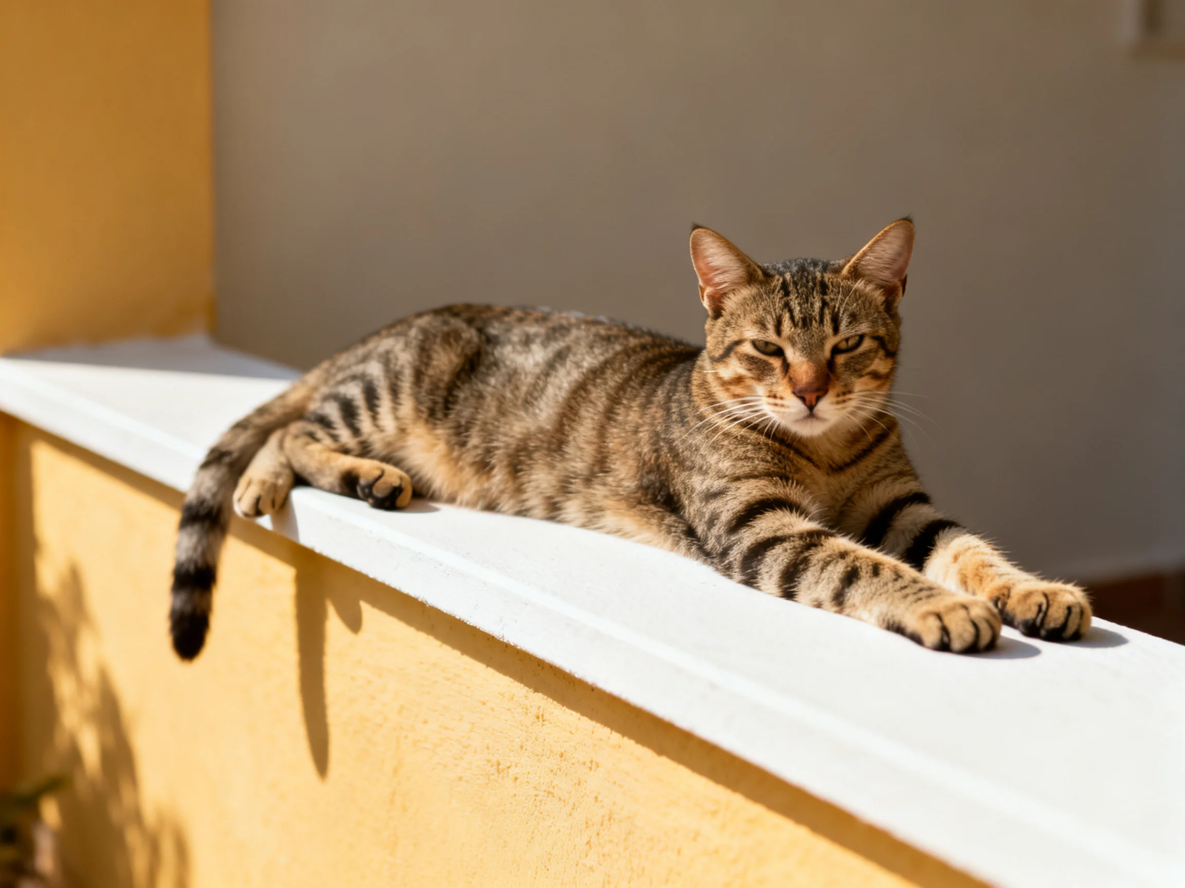 A tabby cat lounges on a white ledge by a yellow wall