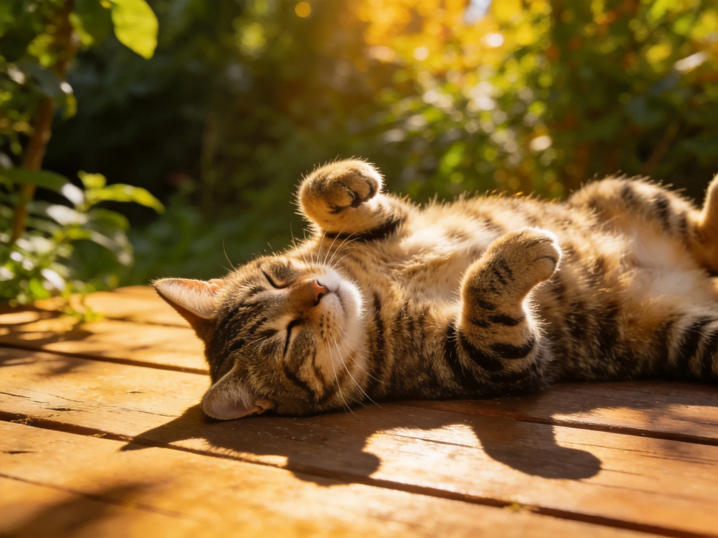 A tabby cat lounges on a wooden deck bathed in golden sunlight