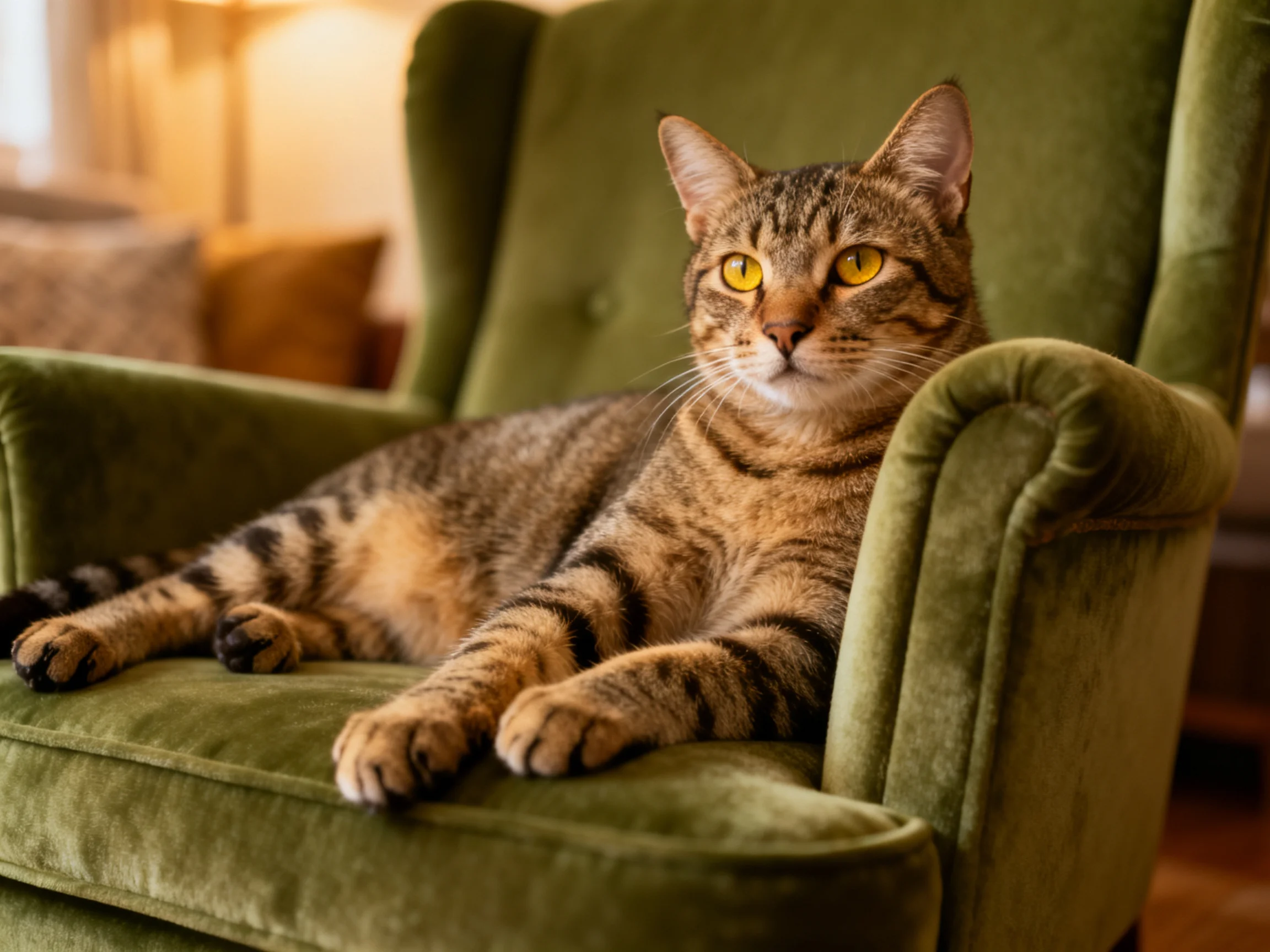 A tabby cat relaxes on a plush green armchair in a cozy room.