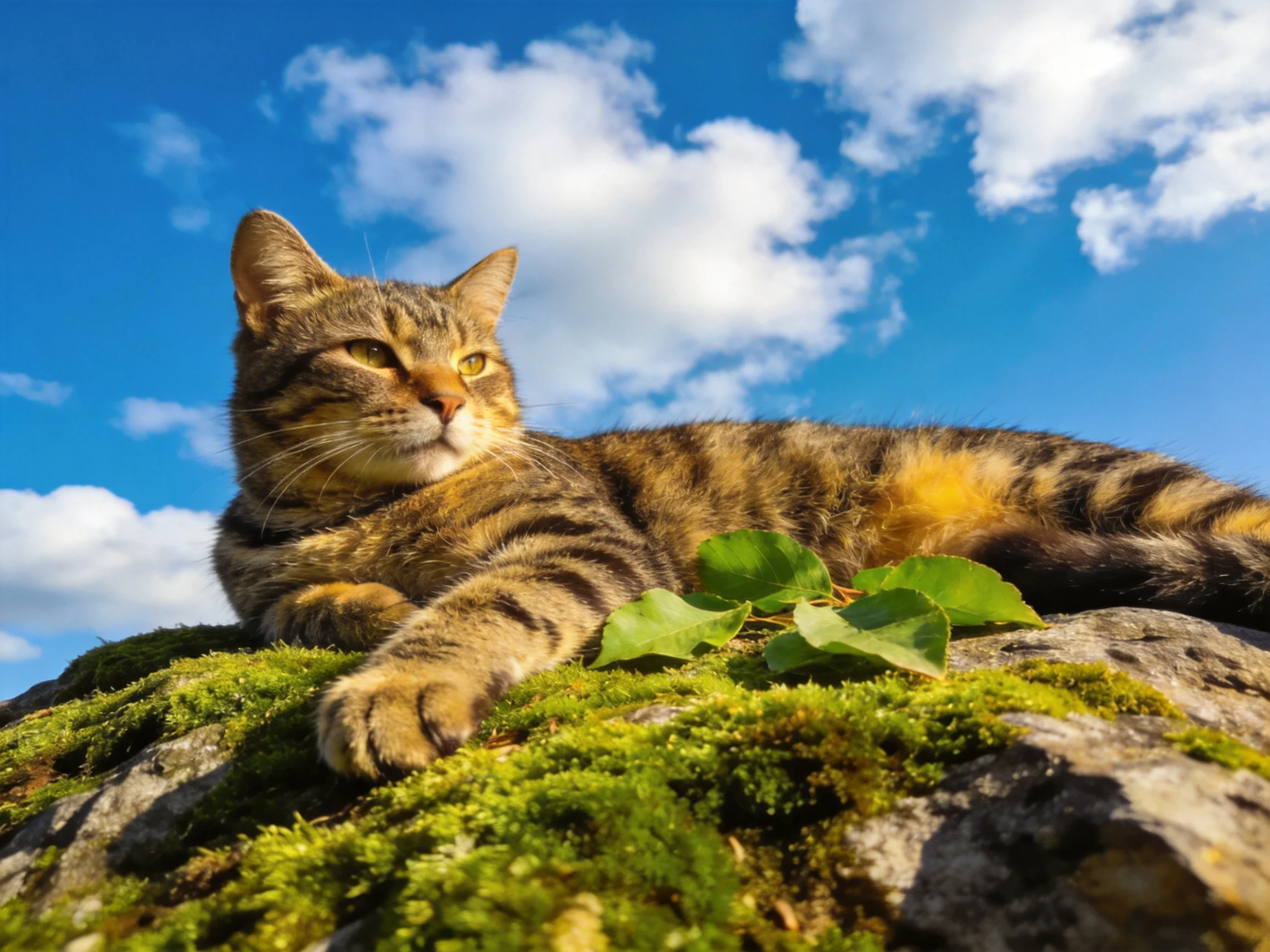 A tabby cat rests on mossy rock with a blue sky backdrop.