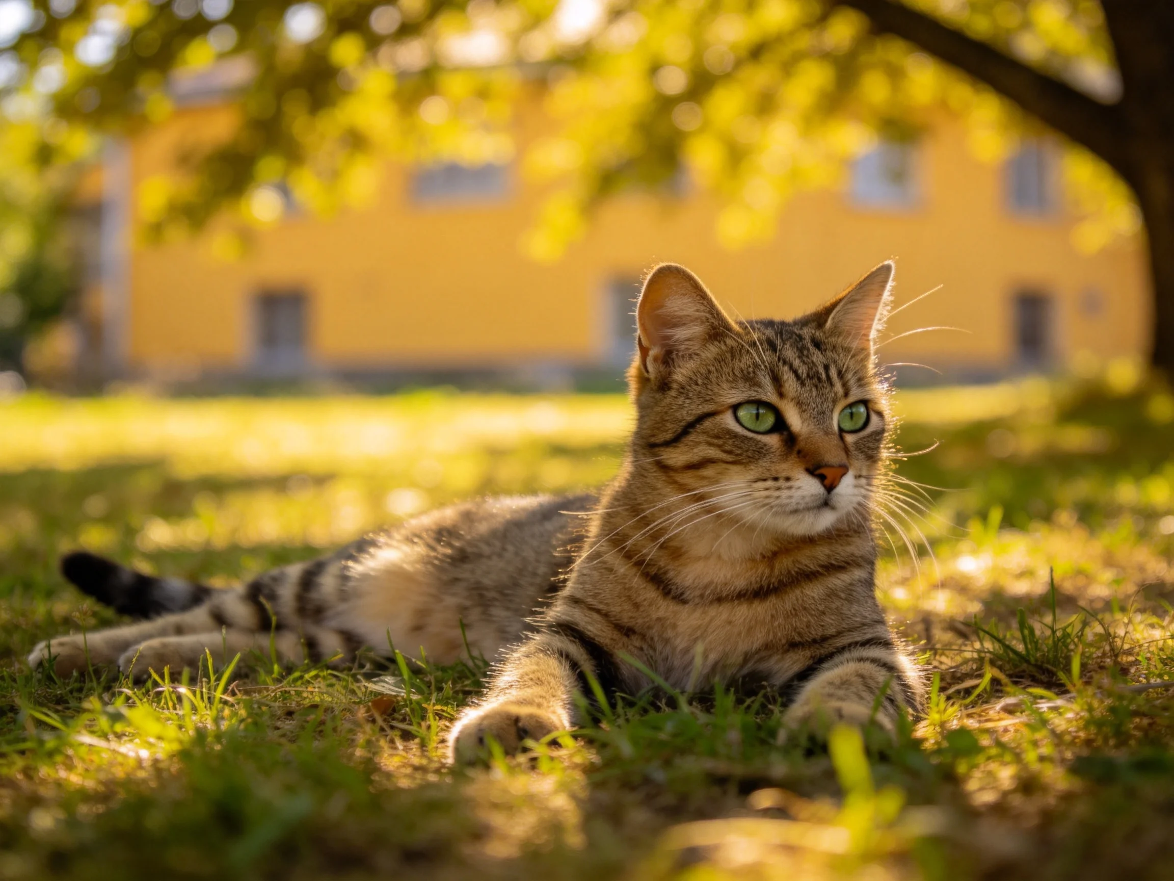 A tabby cat rests on sunlit grass beside a yellow building.